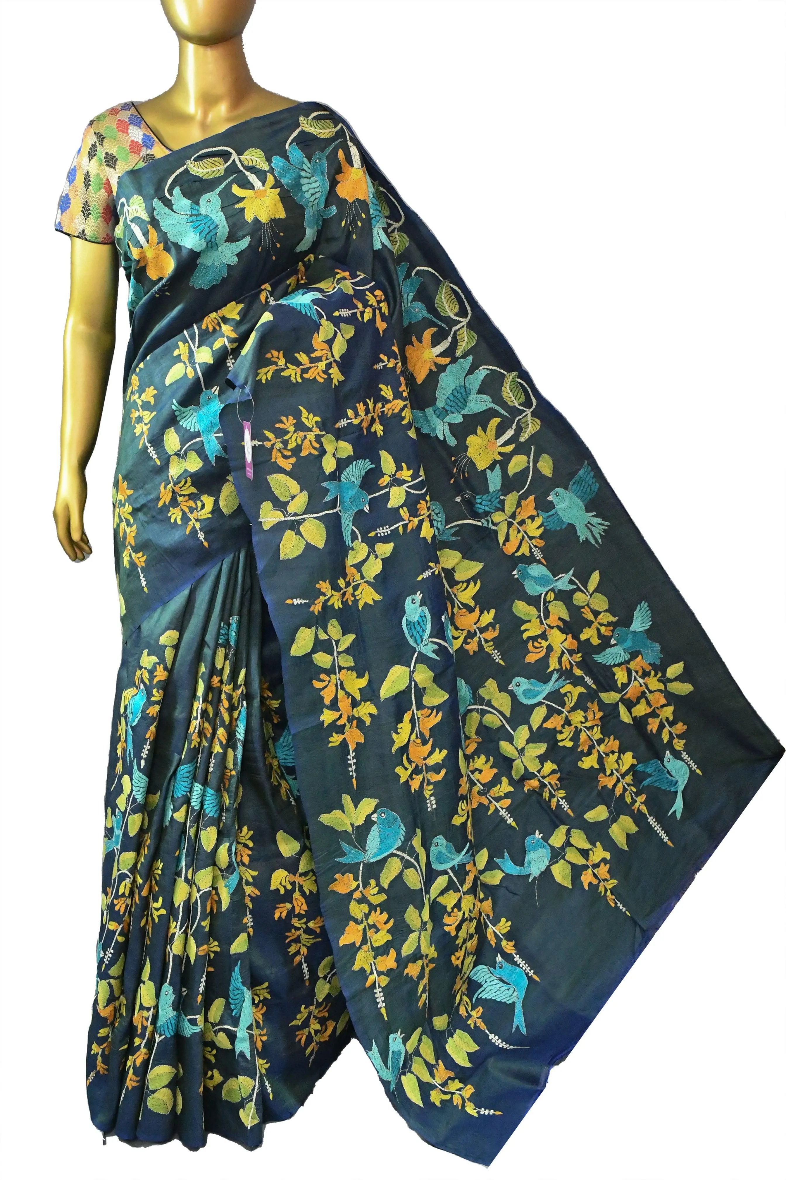 Dual Tone Blue and Green Bangalore Silk Saree with Kantha Stitch Embroidery