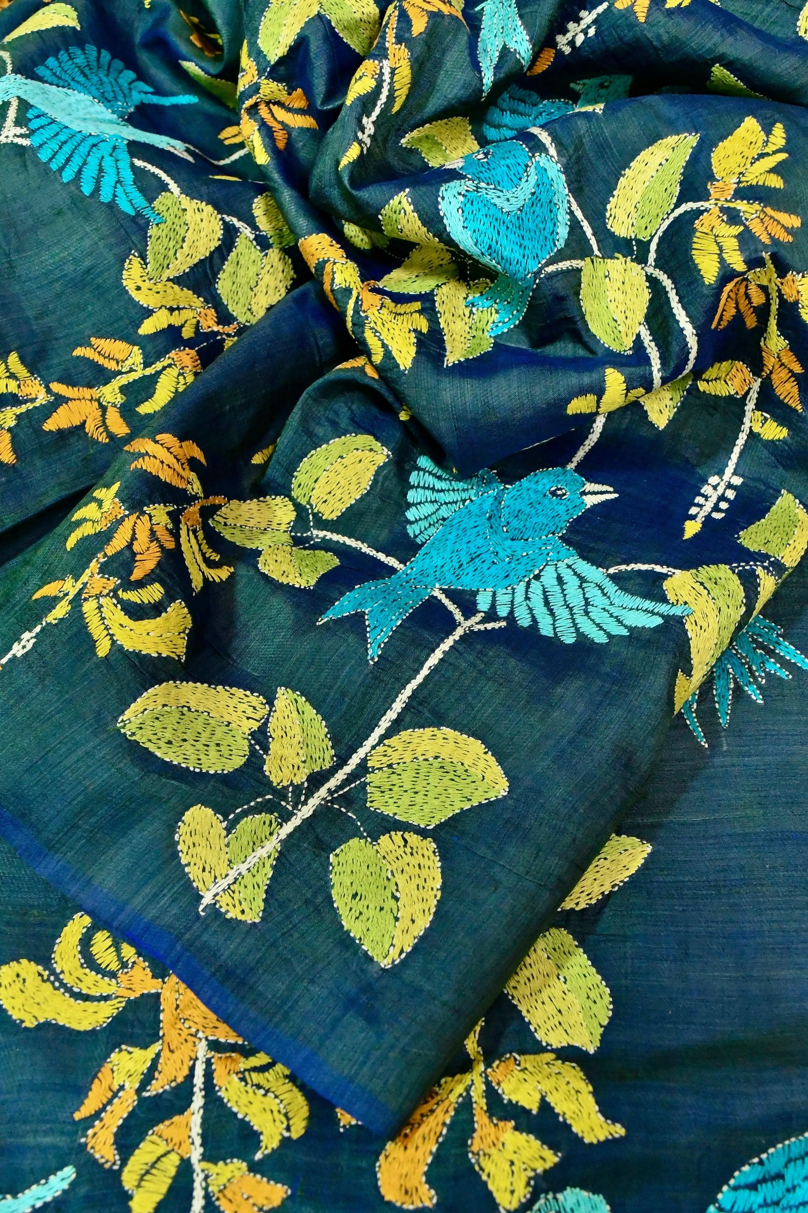 Dual Tone Blue and Green Bangalore Silk Saree with Kantha Stitch Embroidery