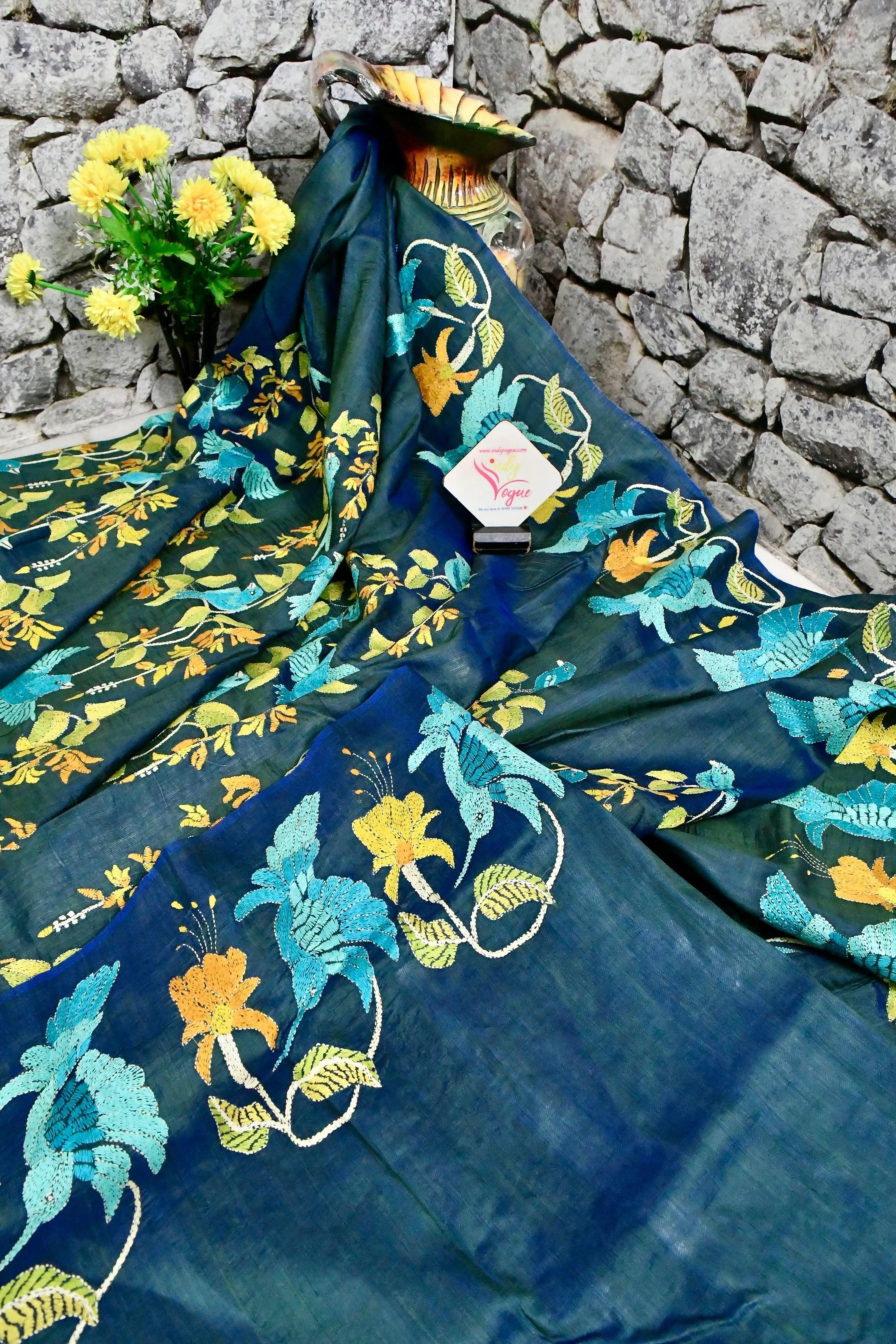 Dual Tone Blue and Green Bangalore Silk Saree with Kantha Stitch Embroidery