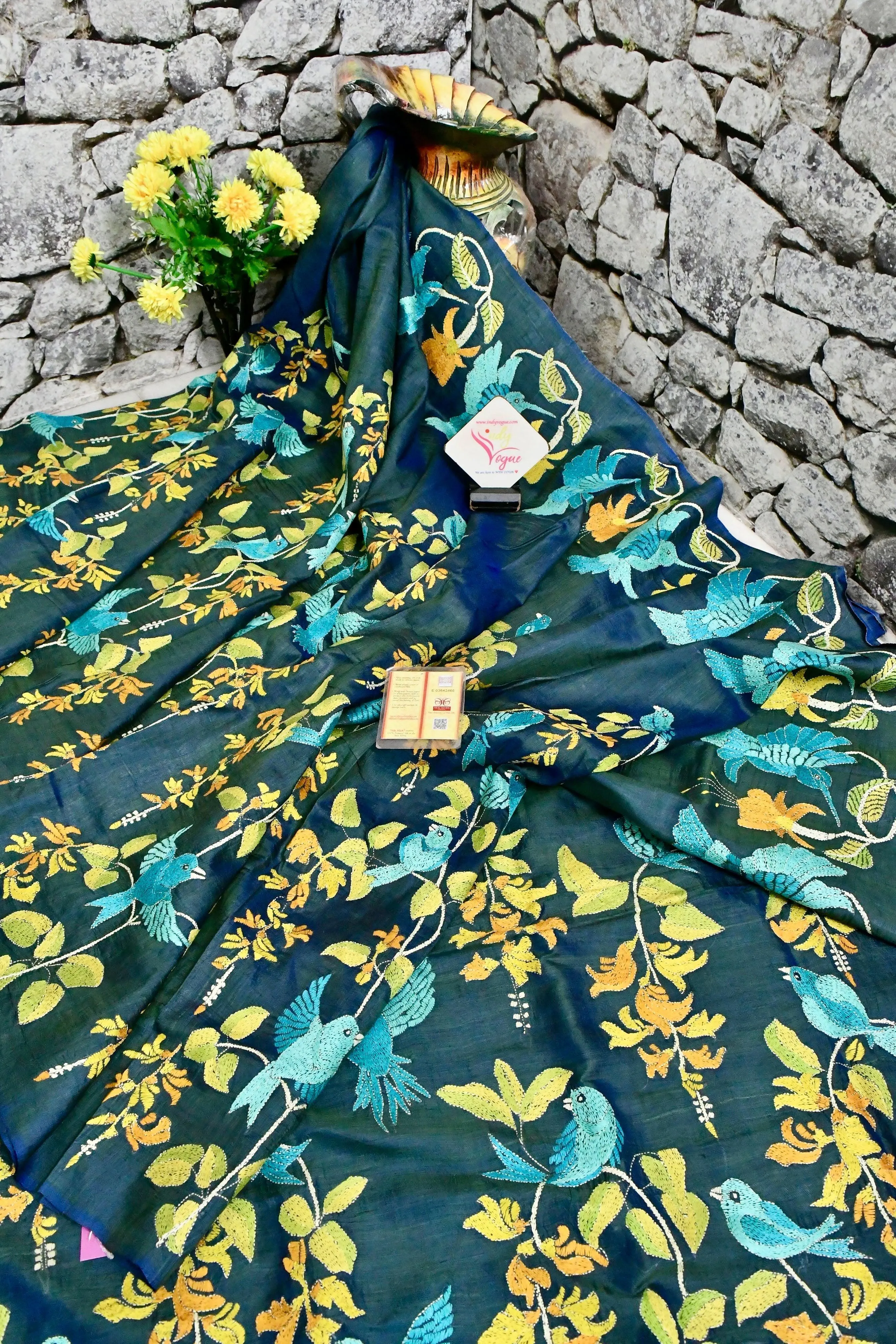 Dual Tone Blue and Green Bangalore Silk Saree with Kantha Stitch Embroidery