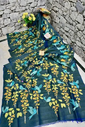 Dual Tone Blue and Green Bangalore Silk Saree with Kantha Stitch Embroidery