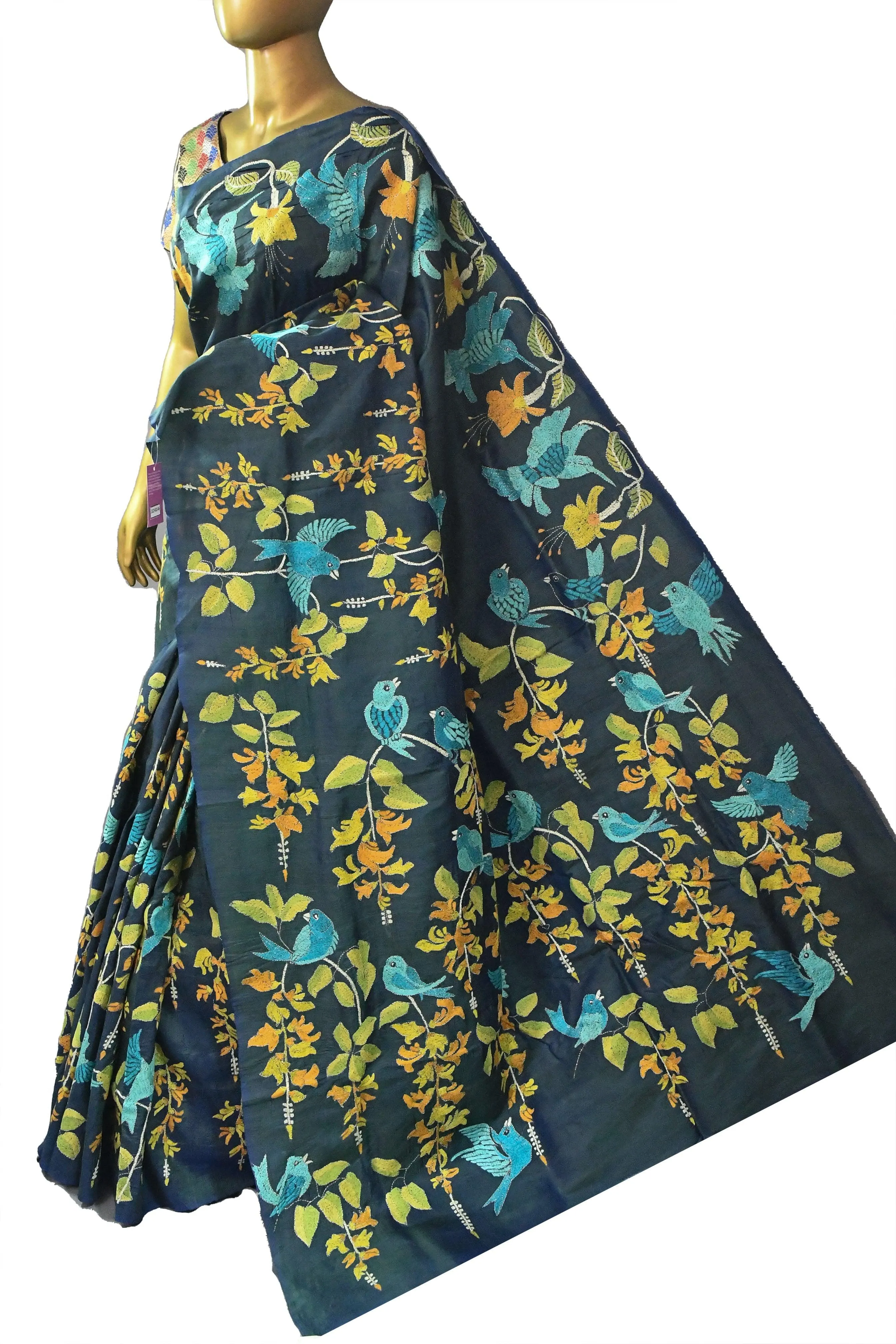 Dual Tone Blue and Green Bangalore Silk Saree with Kantha Stitch Embroidery