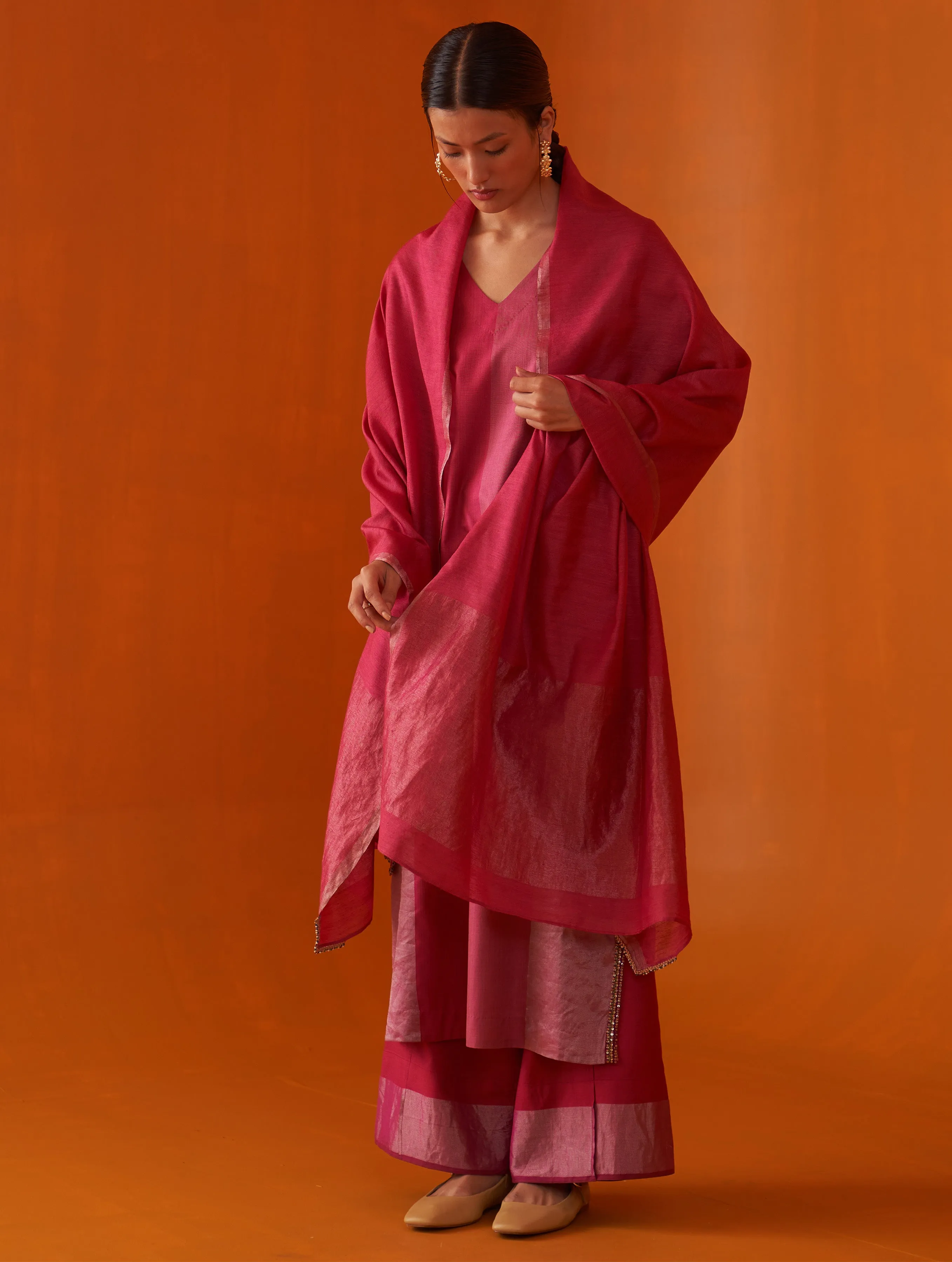 Eka Embroidered Silk Dupatta - Fuchsia Rose