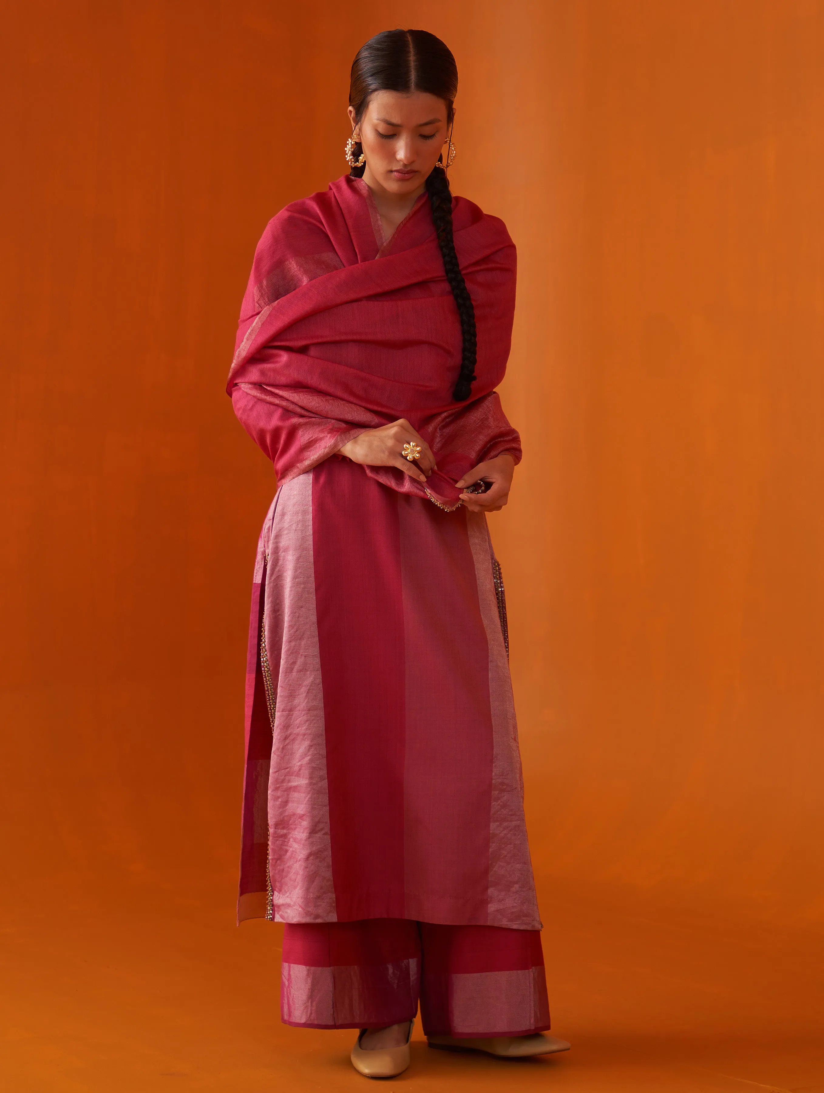 Eka Embroidered Silk Dupatta - Fuchsia Rose