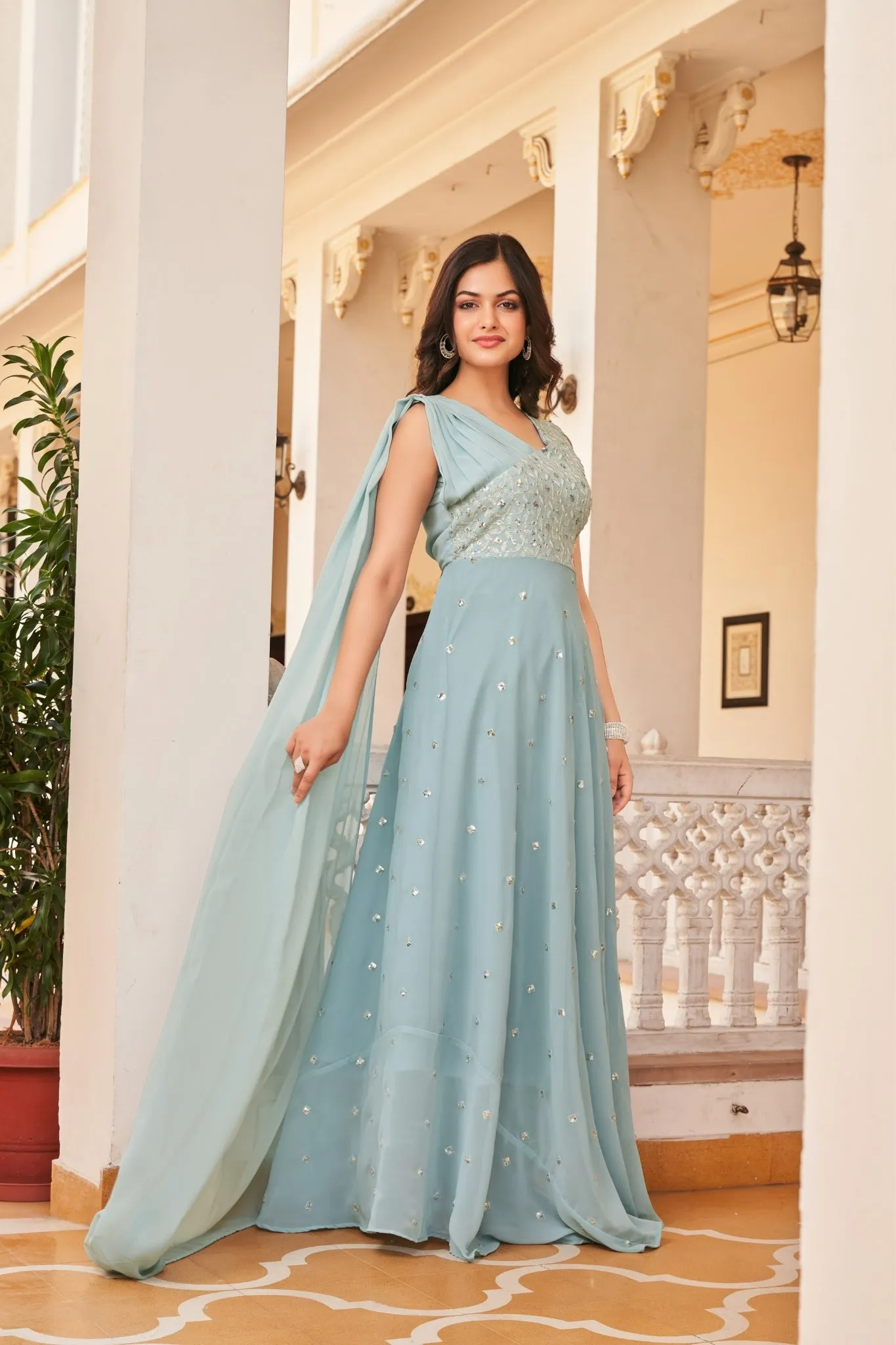 Georgette Embroidered Buti Gown Dress