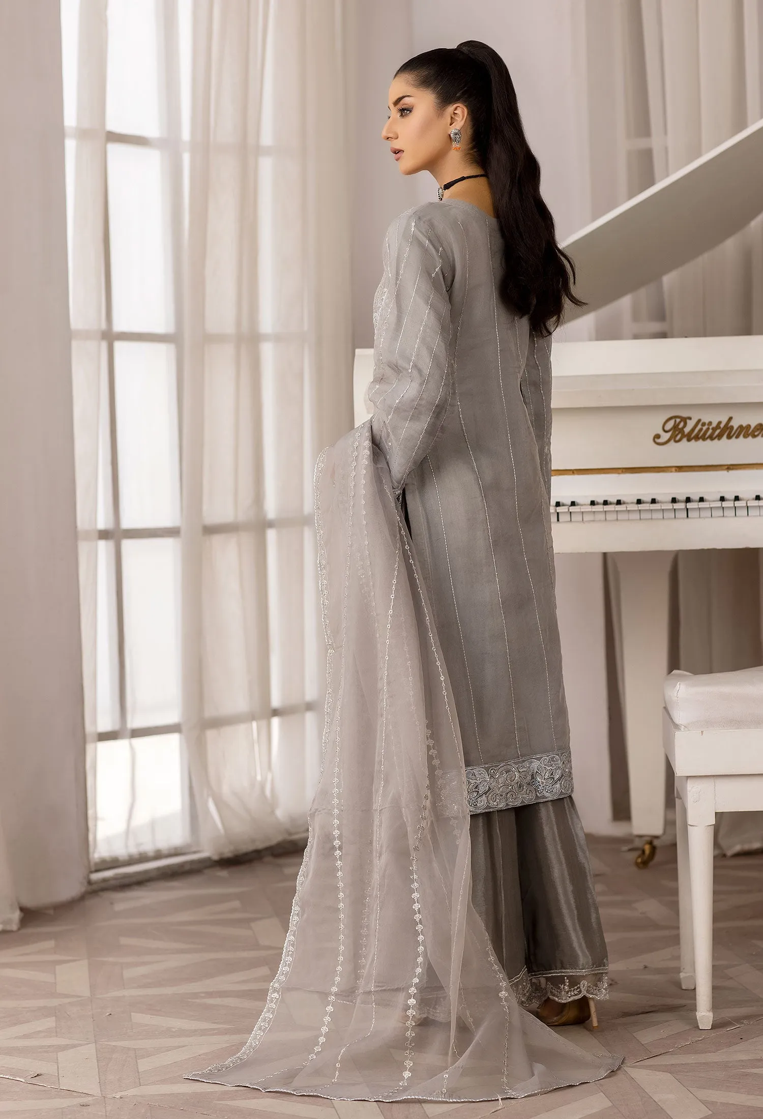 Grey Embroidered Organza 3-Piece Suit