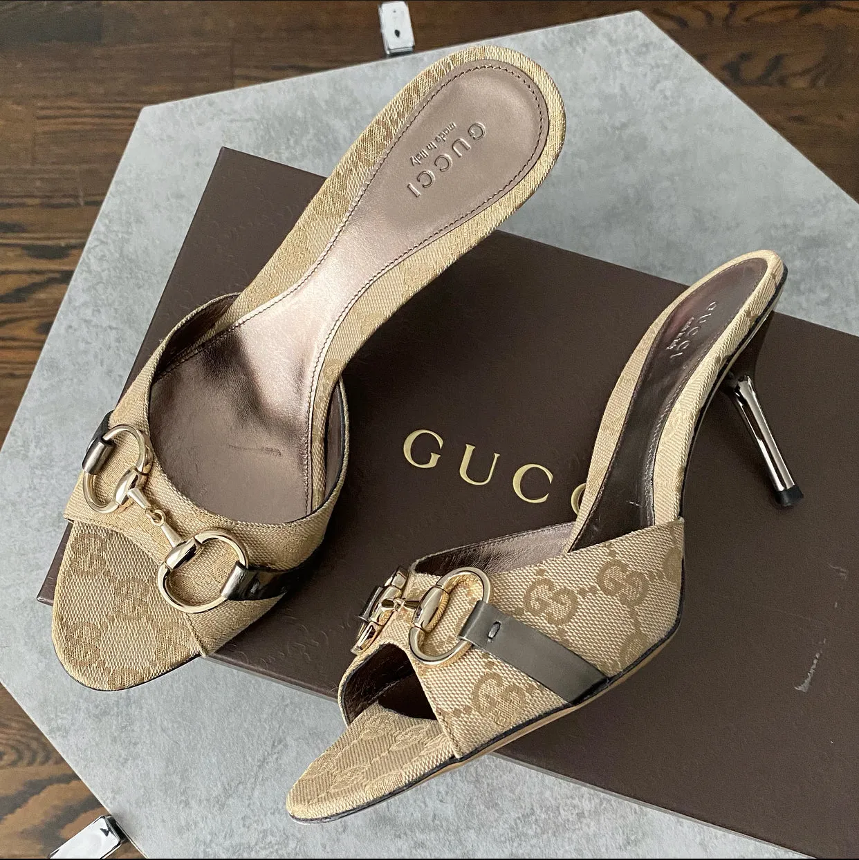 Gucci Vintage Light Champagne Beige Monogram Horsebit Mules - 8.5