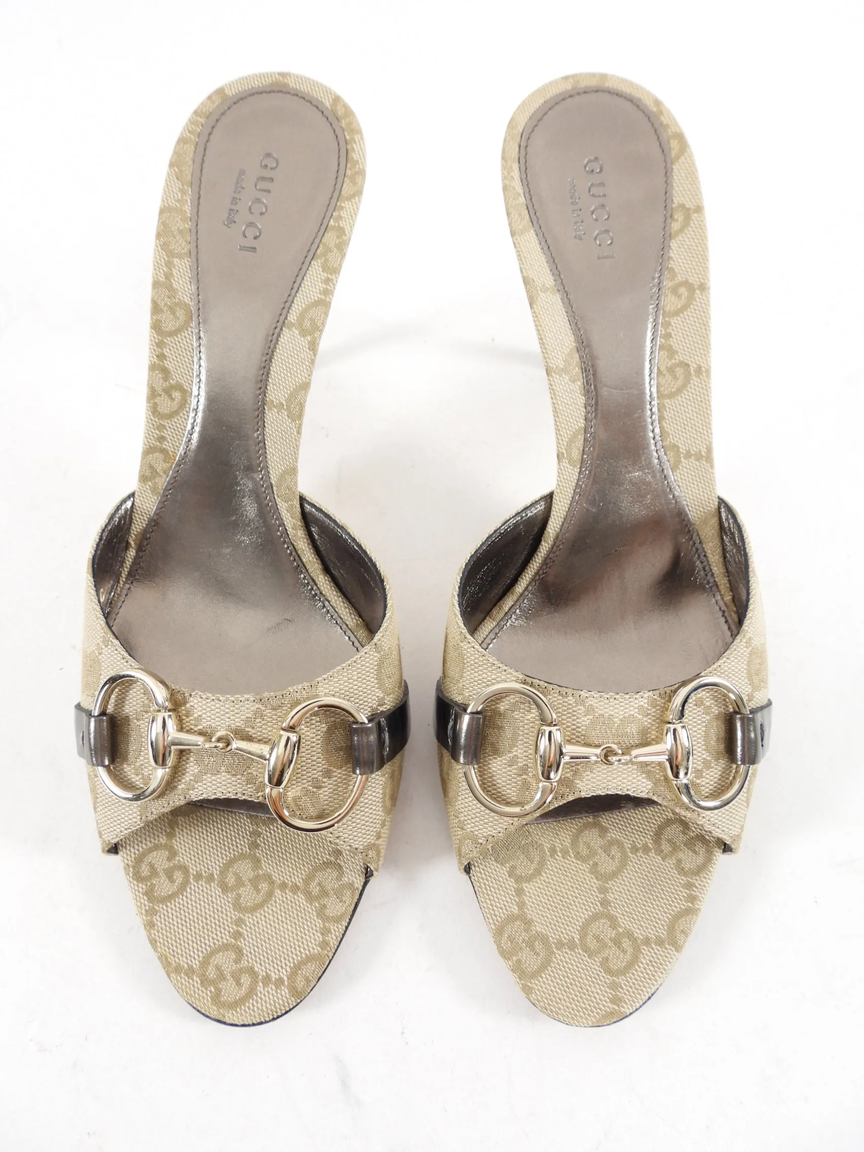 Gucci Vintage Light Champagne Beige Monogram Horsebit Mules - 8.5