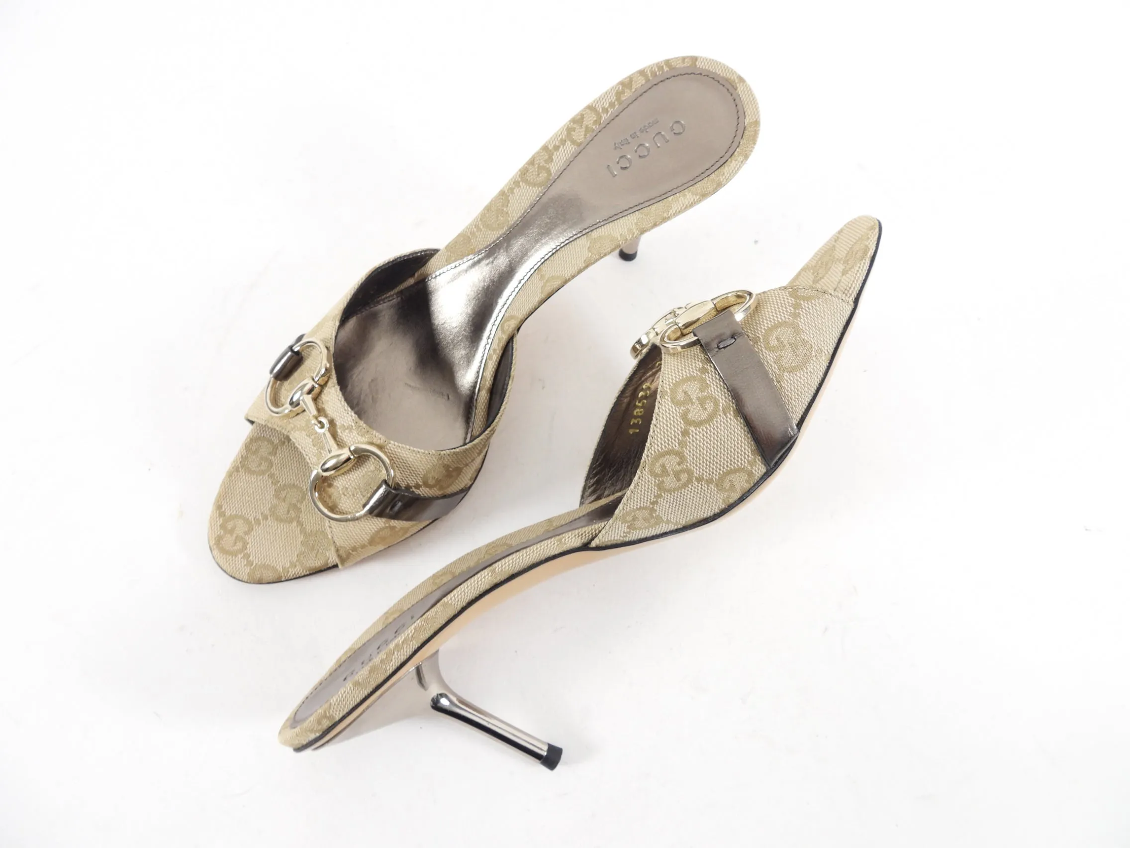 Gucci Vintage Light Champagne Beige Monogram Horsebit Mules - 8.5