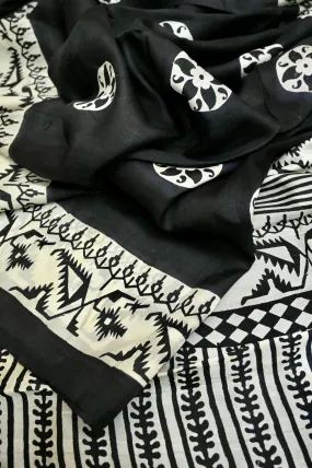 Jet Black Color Bishnupur Silk Saree with Block Print Work