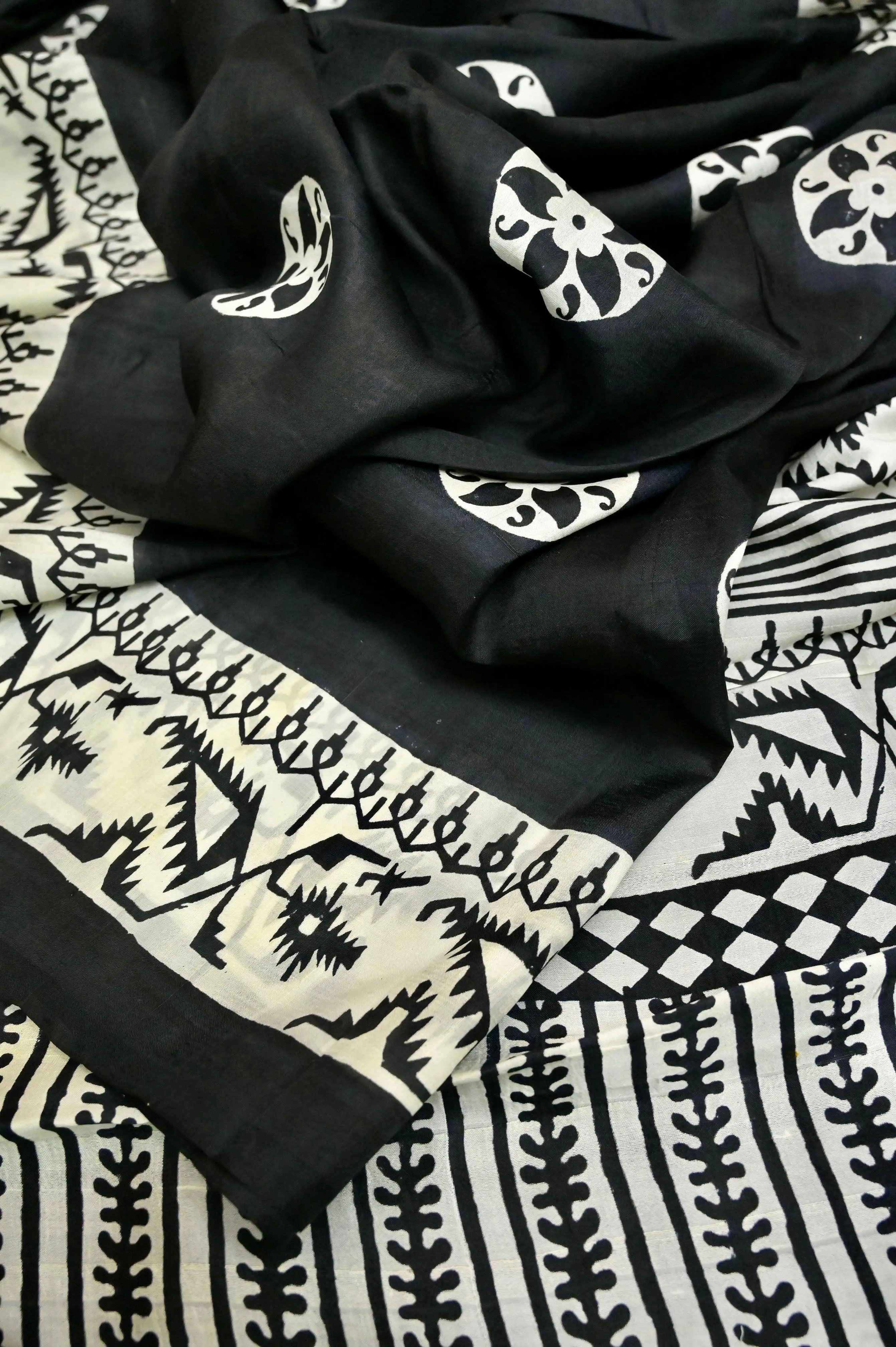 Jet Black Color Bishnupur Silk Saree with Block Print Work