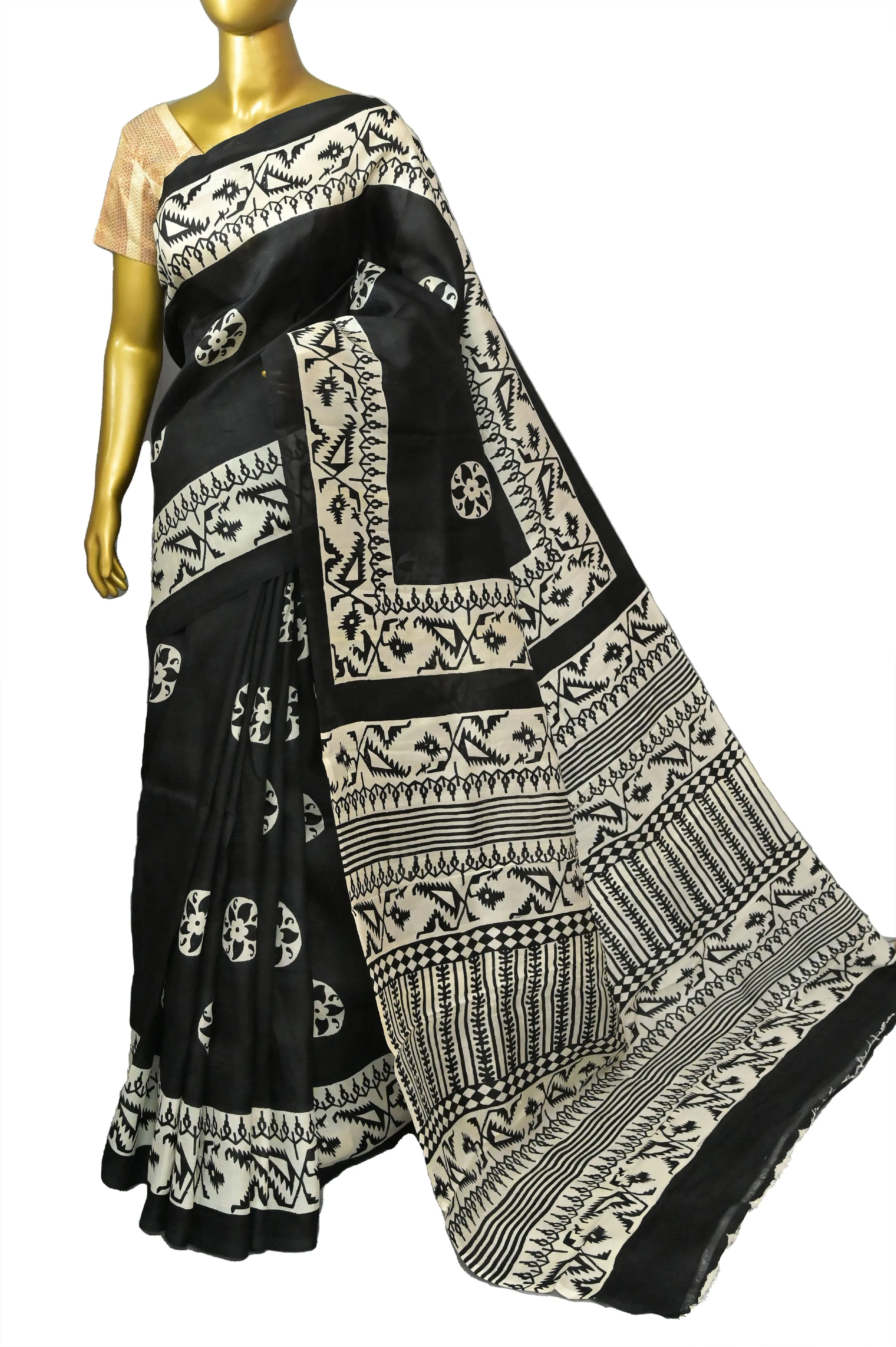 Jet Black Color Bishnupur Silk Saree with Block Print Work