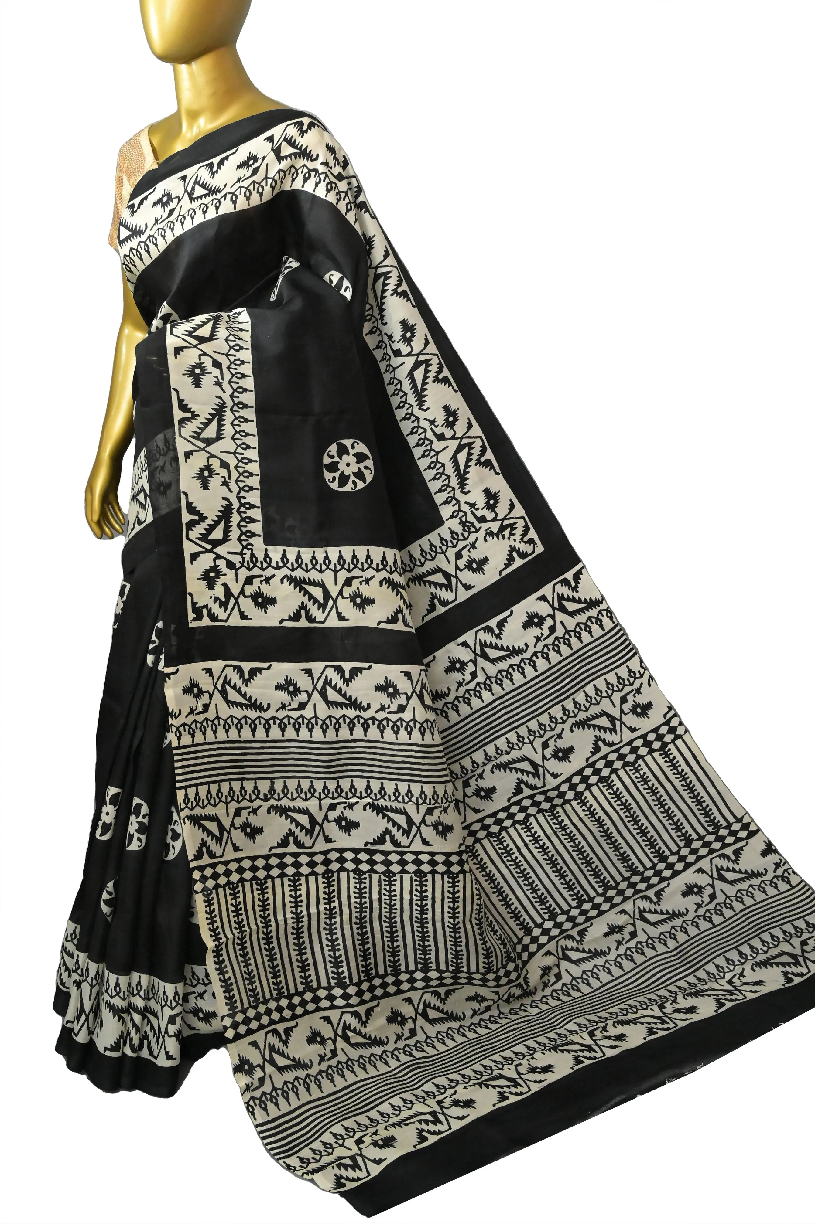 Jet Black Color Bishnupur Silk Saree with Block Print Work