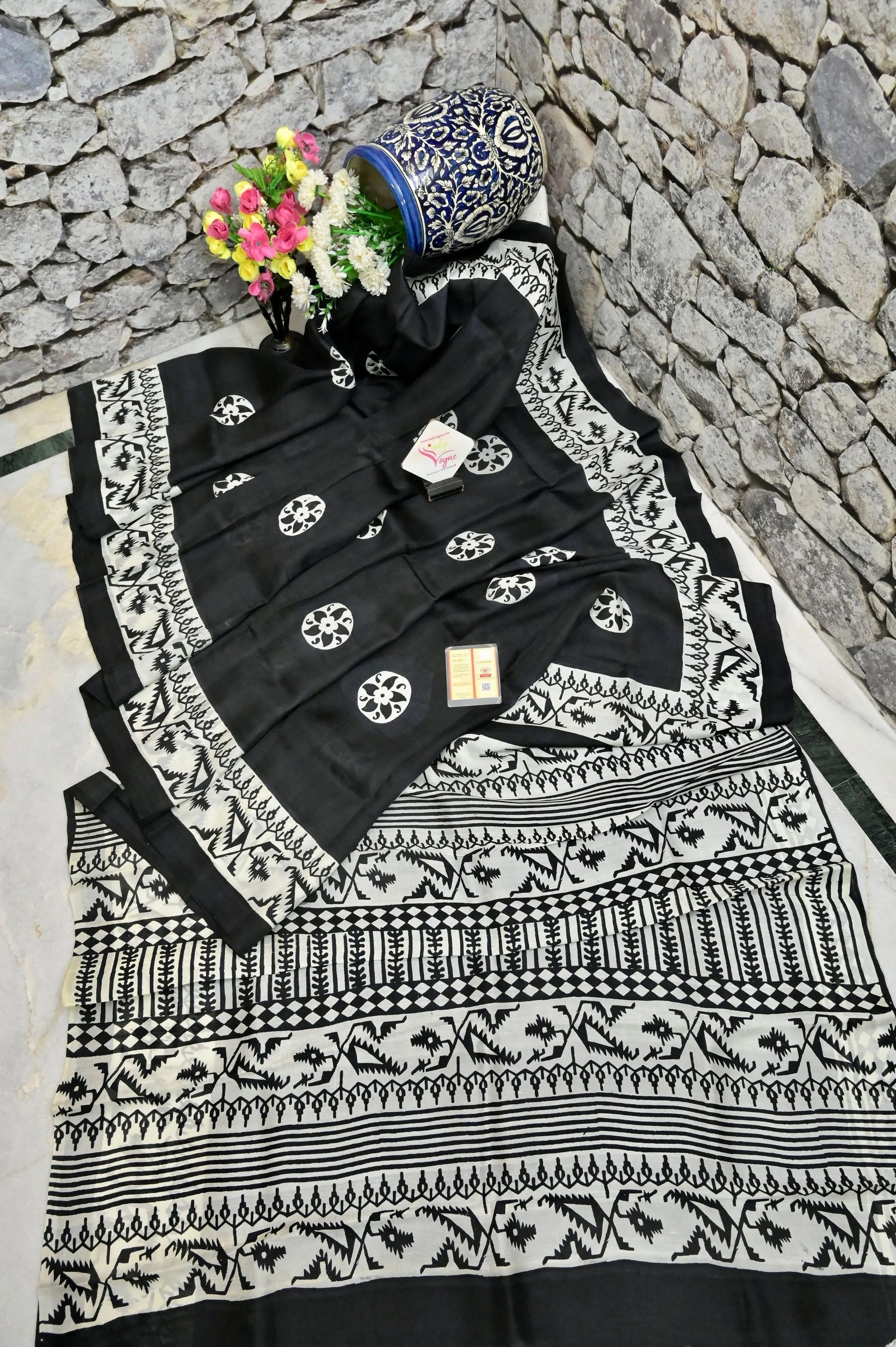 Jet Black Color Bishnupur Silk Saree with Block Print Work