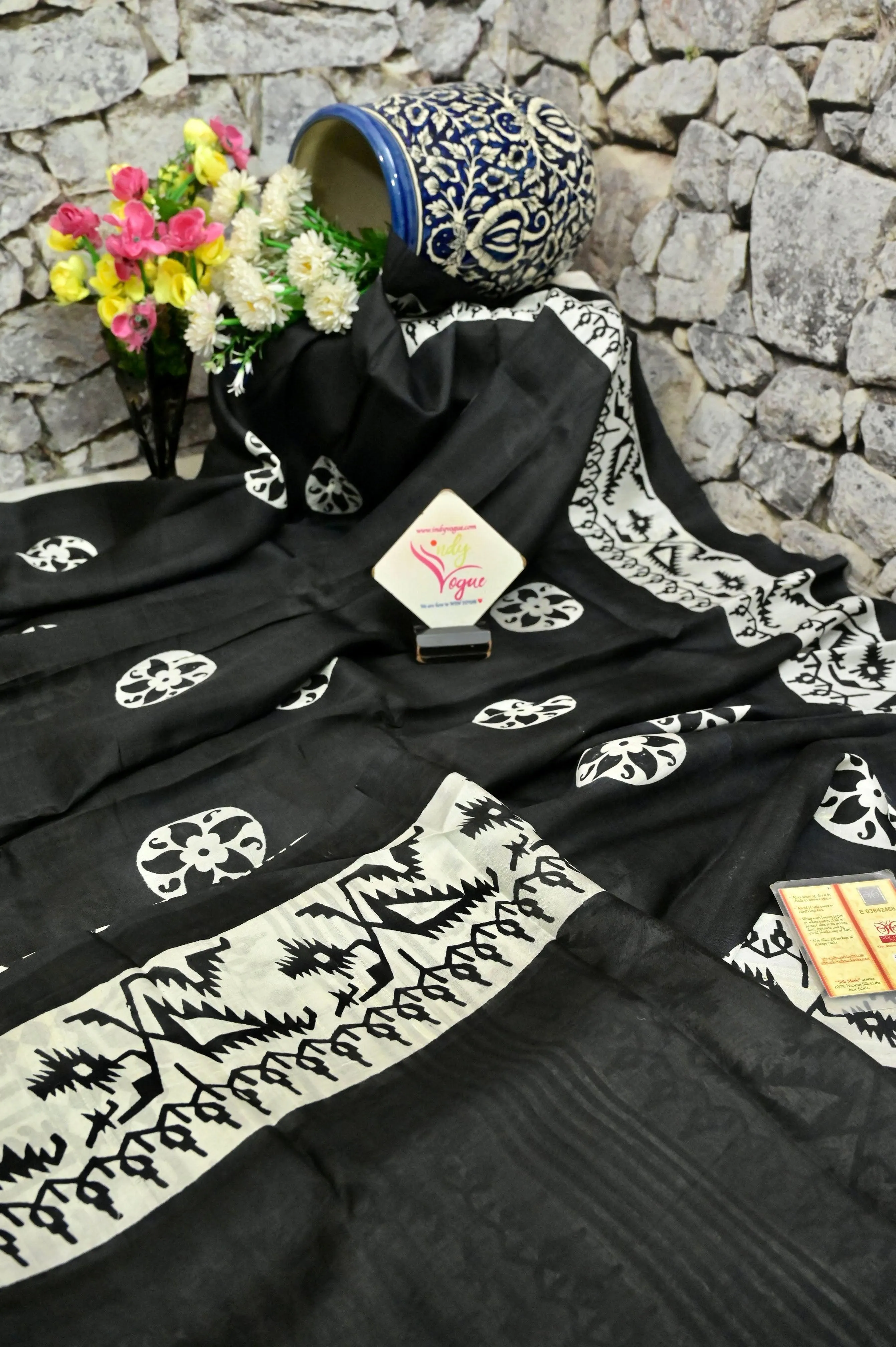 Jet Black Color Bishnupur Silk Saree with Block Print Work