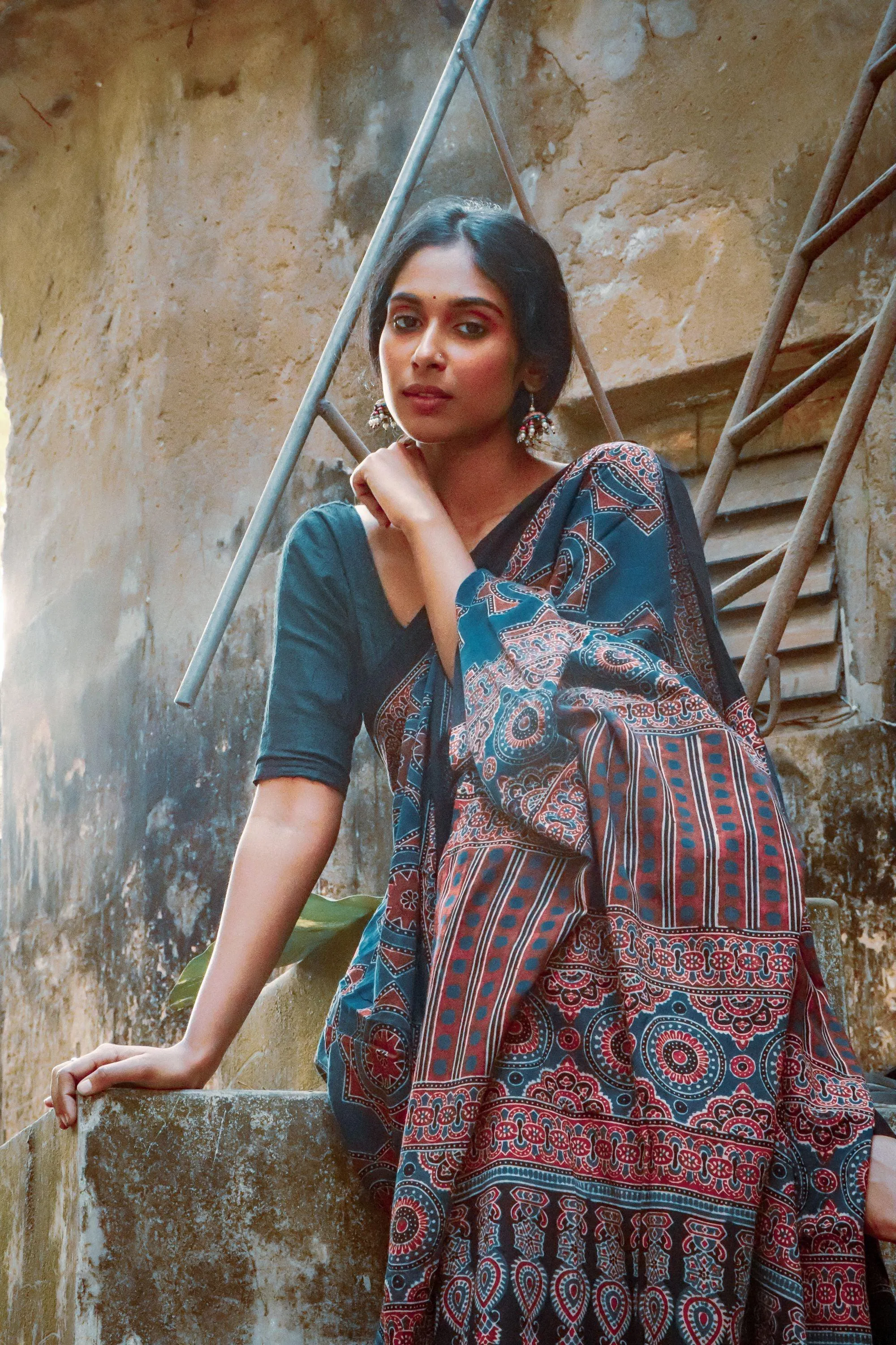 Jharokha - Indigo Ajrakh handblockprinted saree