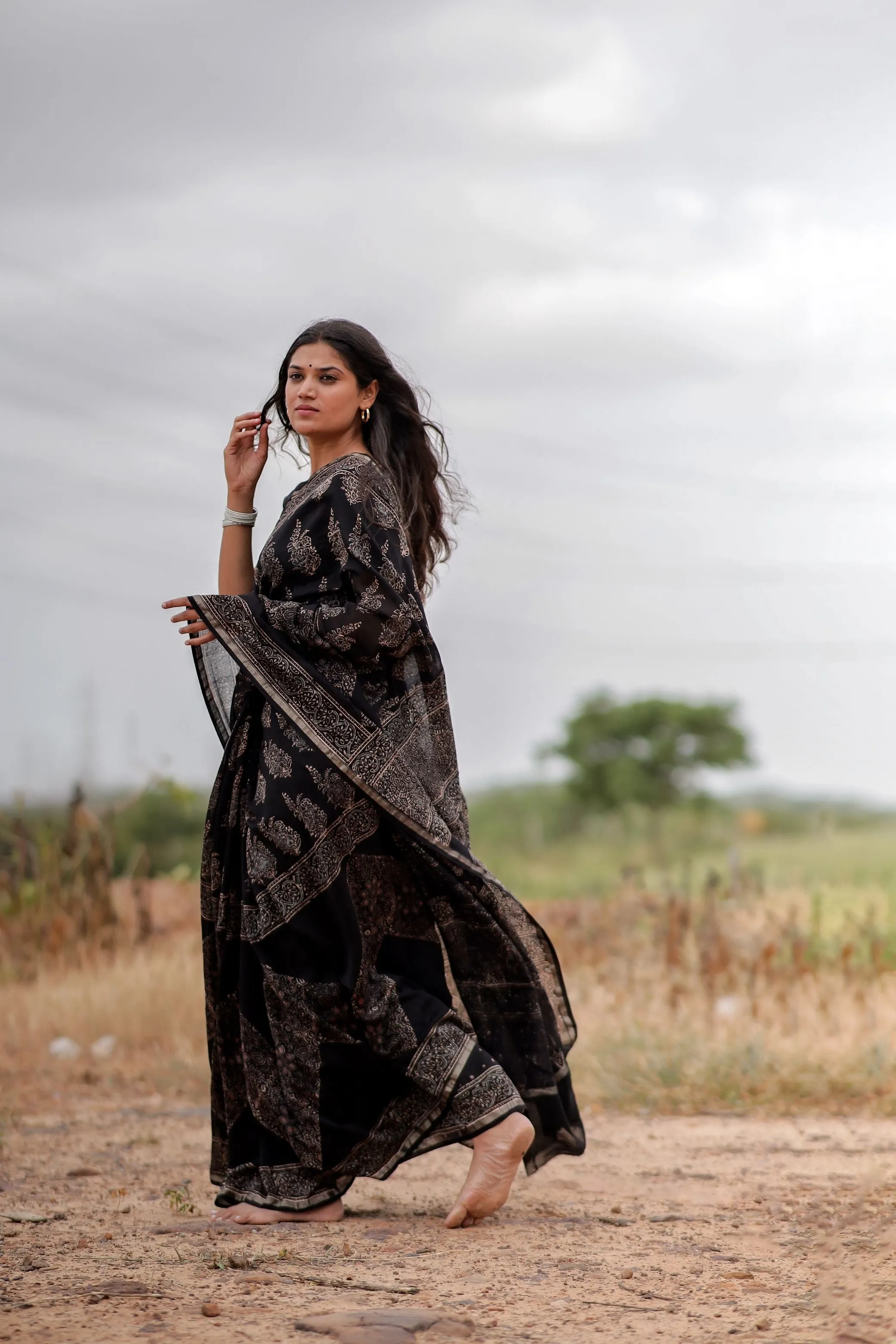 Jharokha -Black Mughal boota floral silk cotton Ajrakh handblockprinted saree