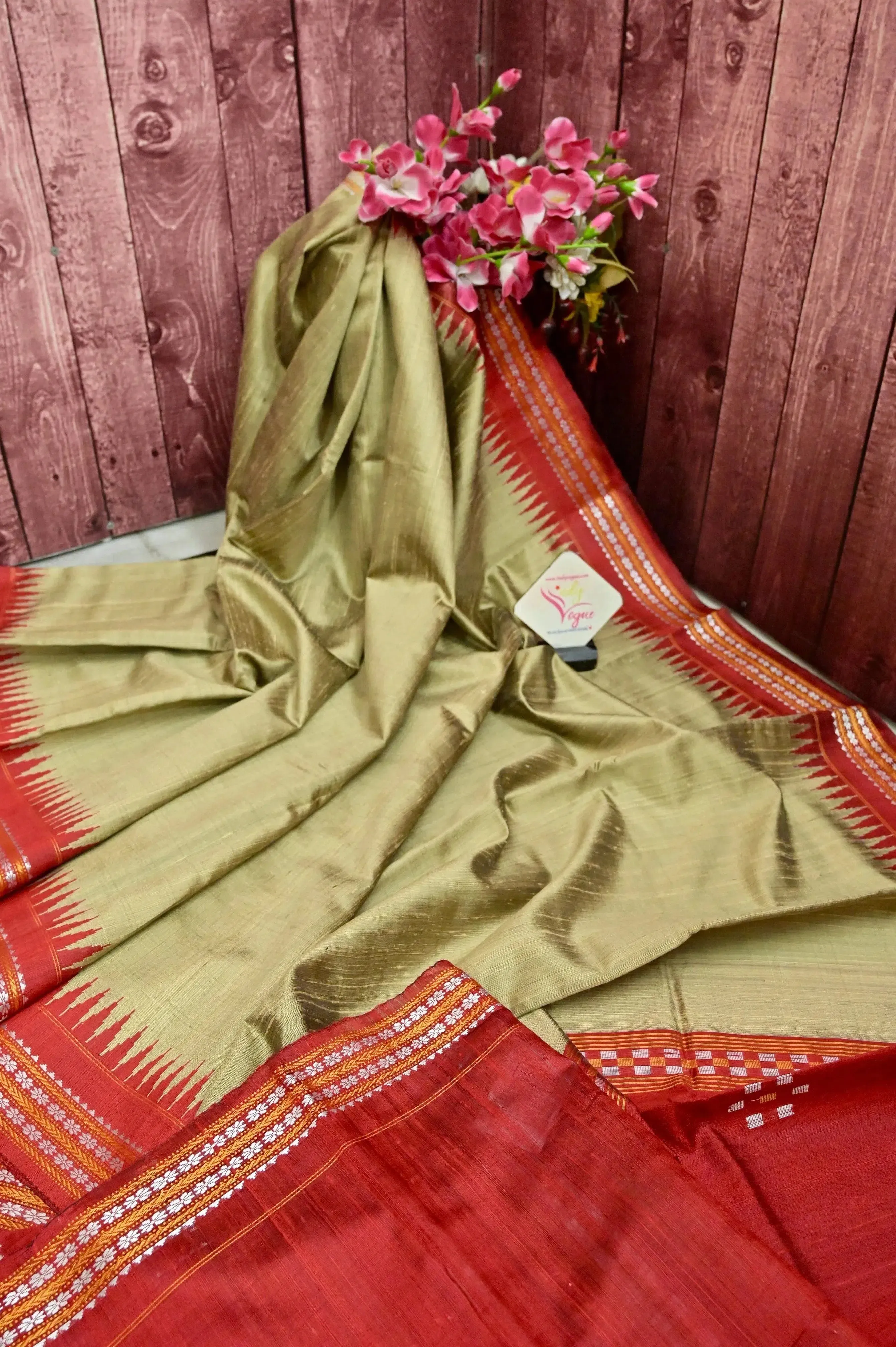 Light Mehendi and Red Color Raw Silk Saree with Vidarbha Border