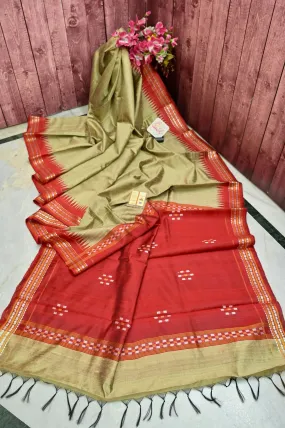 Light Mehendi and Red Color Raw Silk Saree with Vidarbha Border