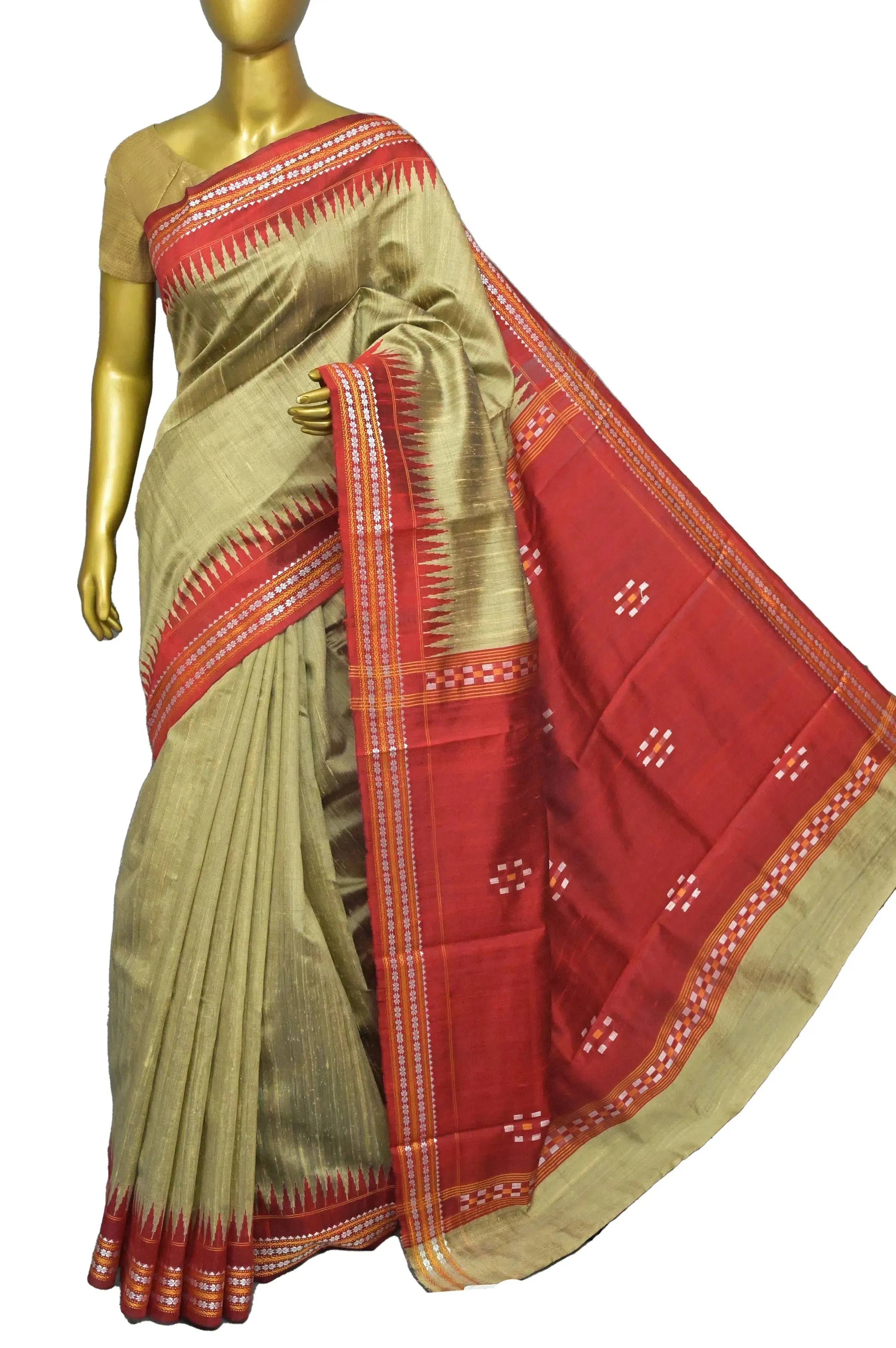 Light Mehendi and Red Color Raw Silk Saree with Vidarbha Border