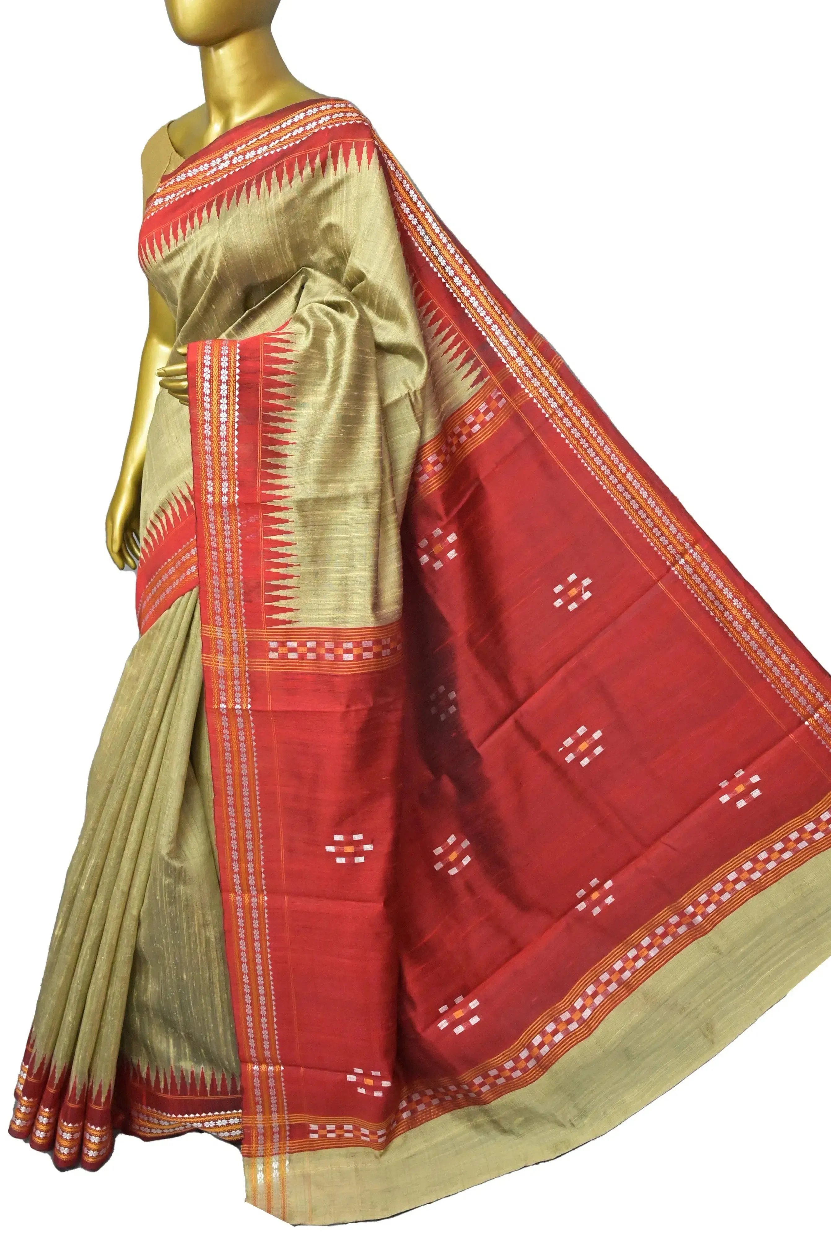 Light Mehendi and Red Color Raw Silk Saree with Vidarbha Border