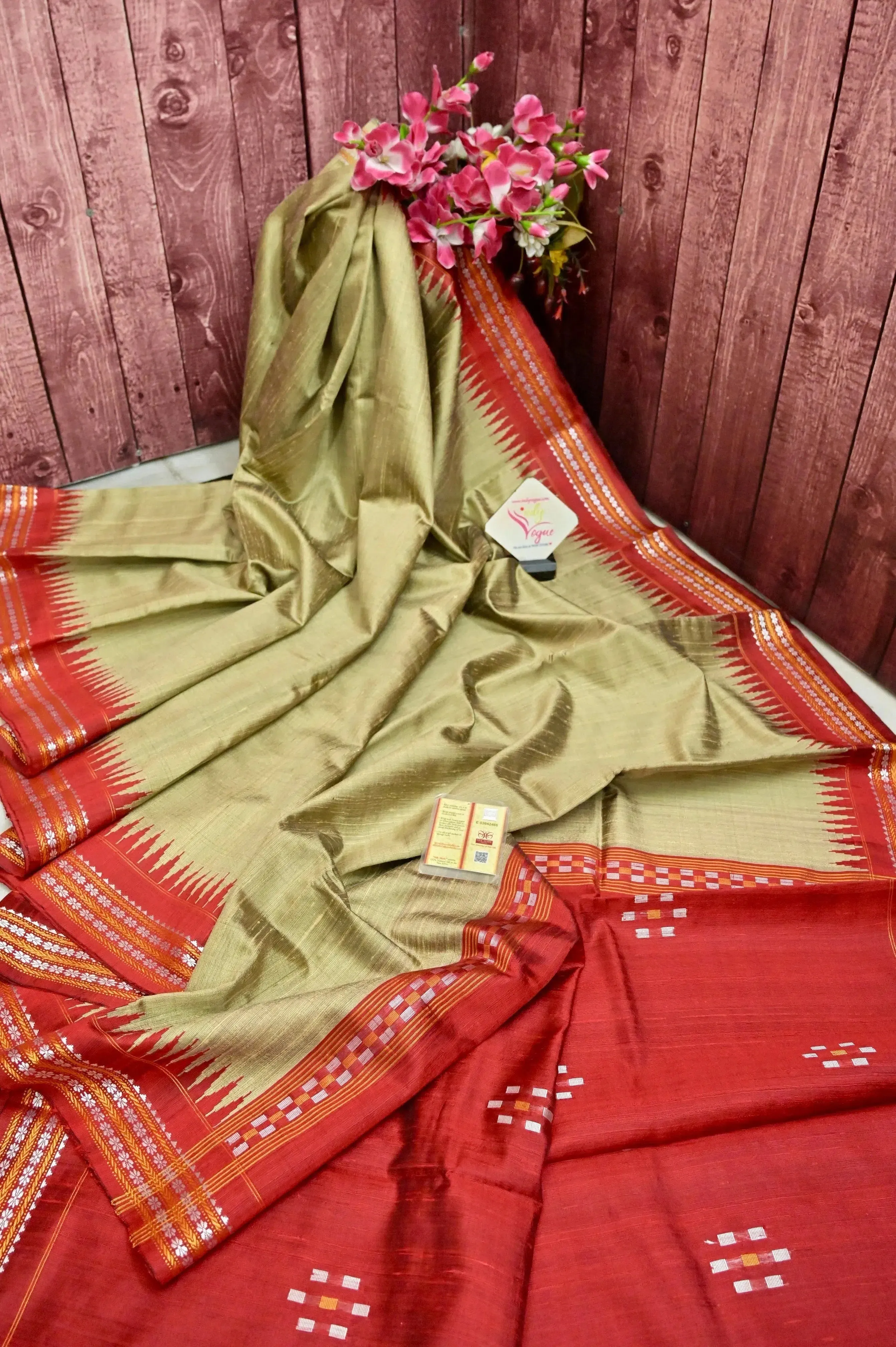 Light Mehendi and Red Color Raw Silk Saree with Vidarbha Border