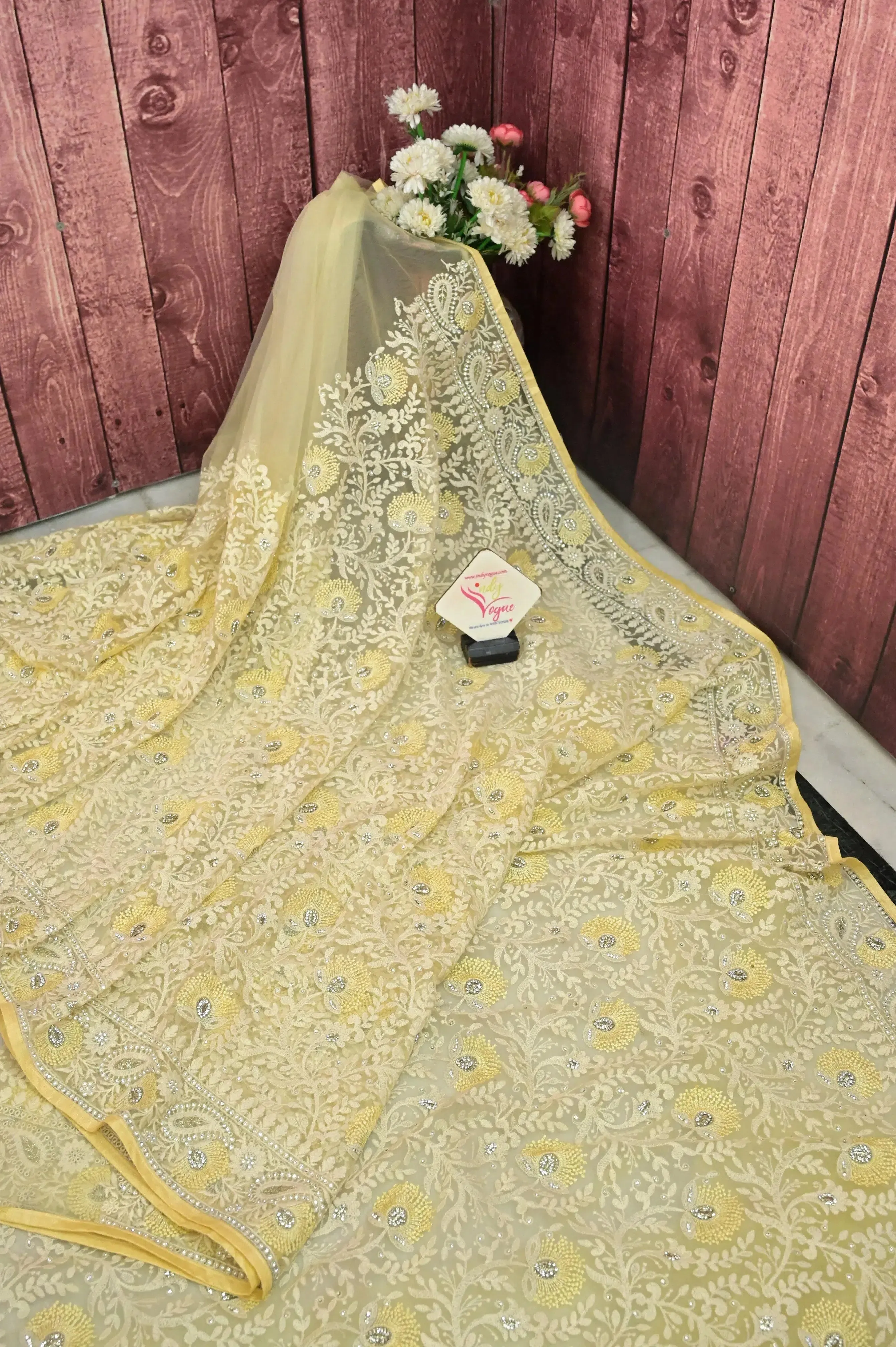 Light Yellow Color Designer Net Saree with Chikankari and Stone Work