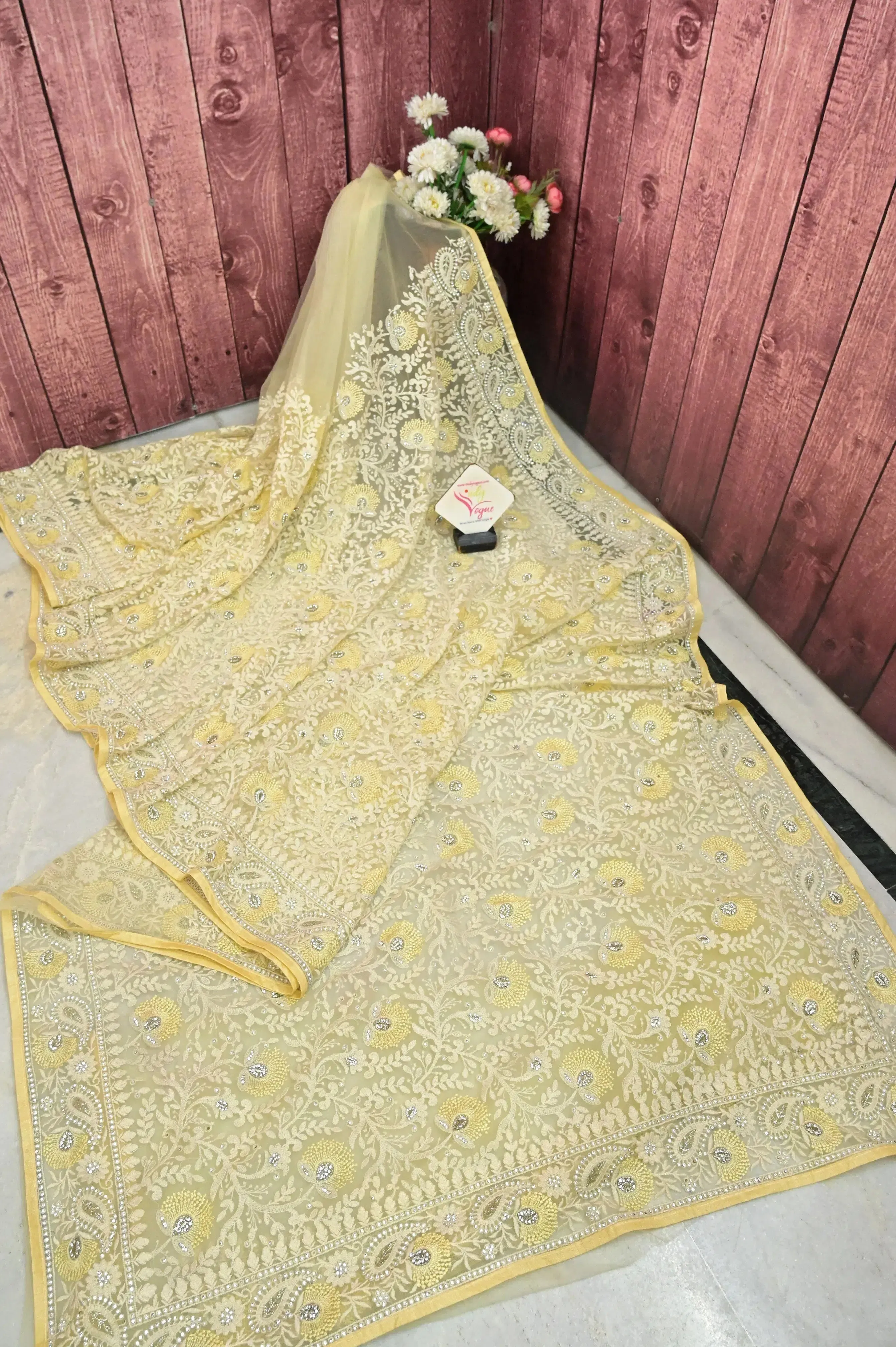 Light Yellow Color Designer Net Saree with Chikankari and Stone Work