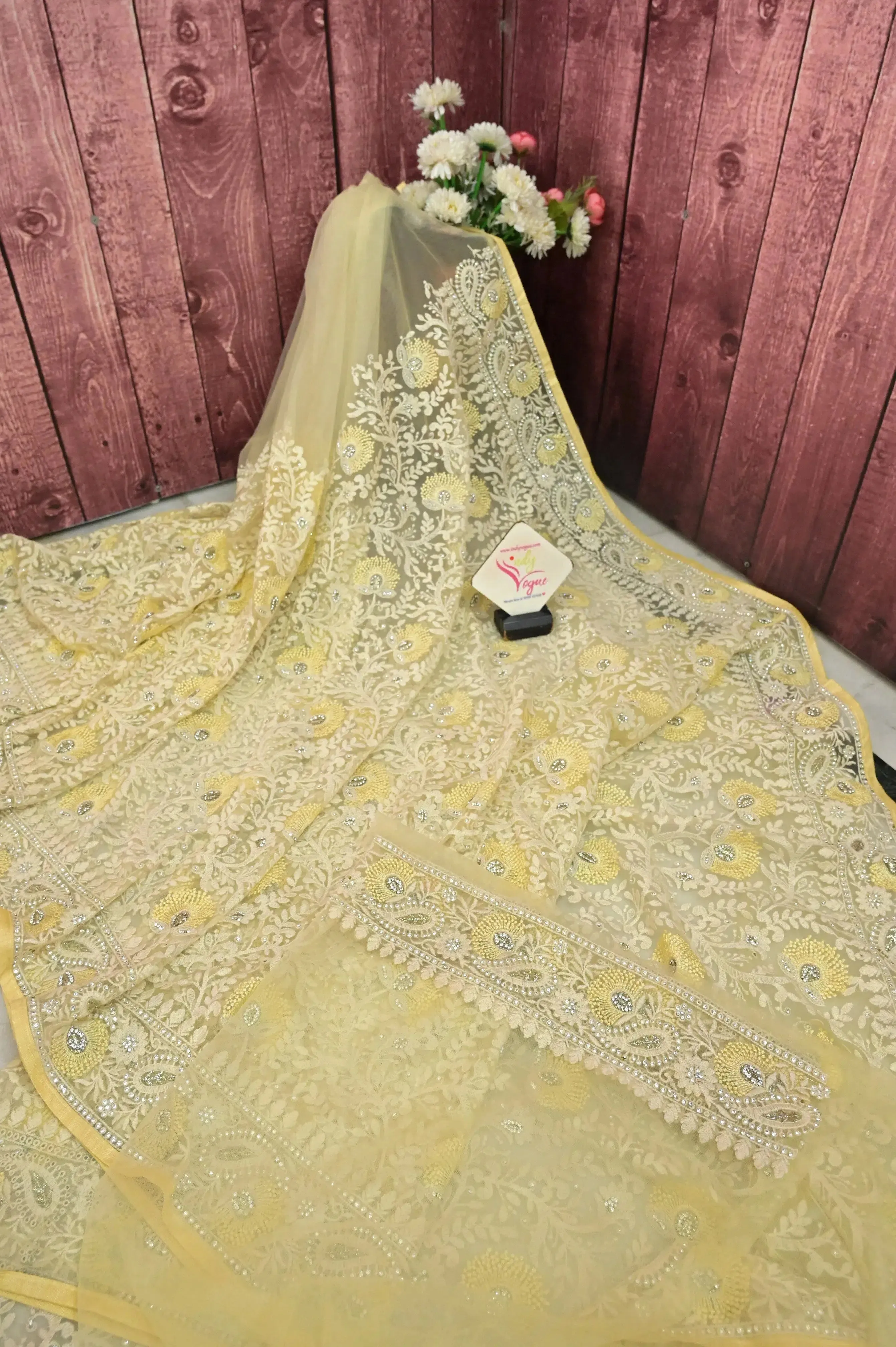 Light Yellow Color Designer Net Saree with Chikankari and Stone Work