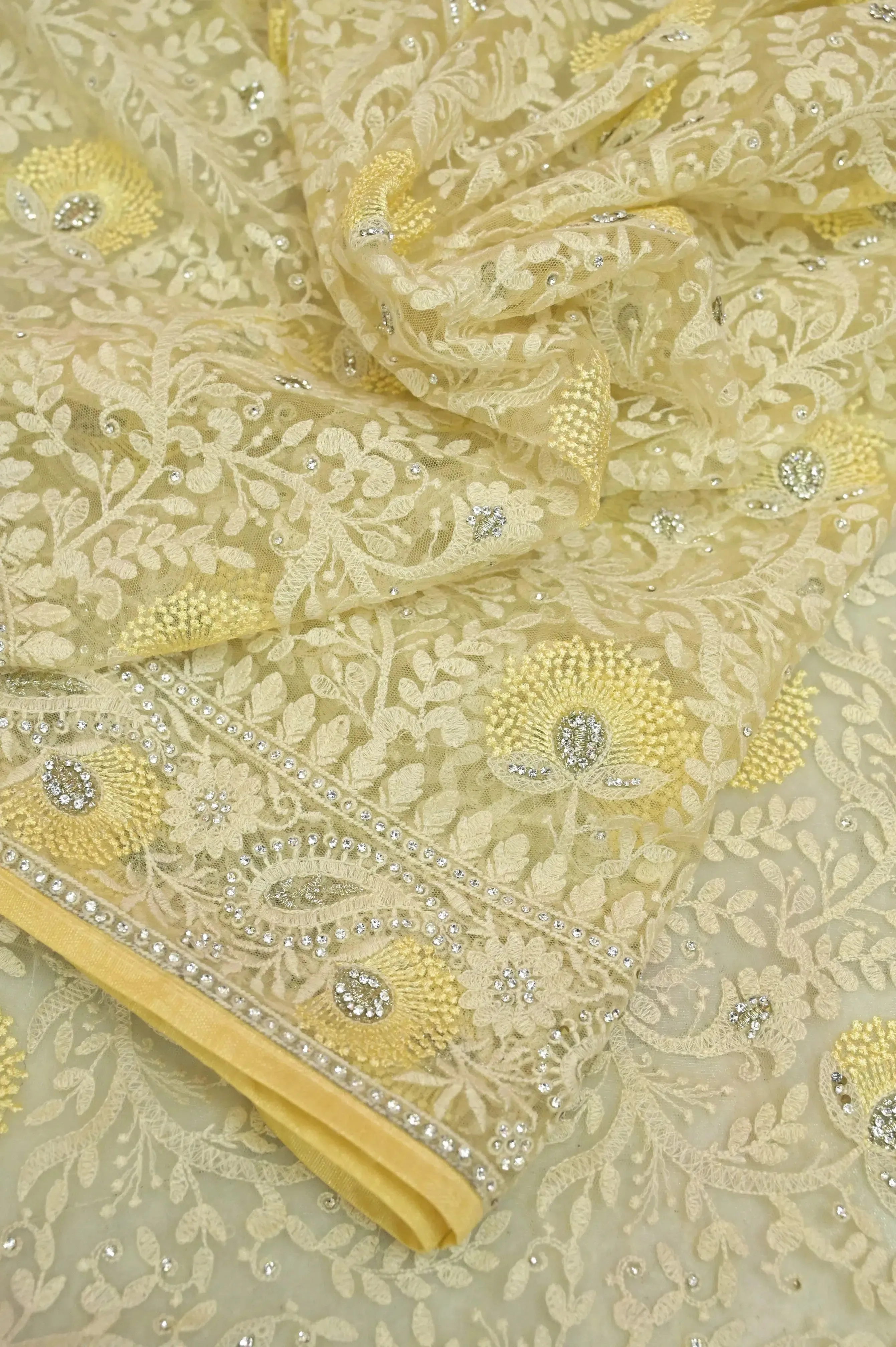 Light Yellow Color Designer Net Saree with Chikankari and Stone Work