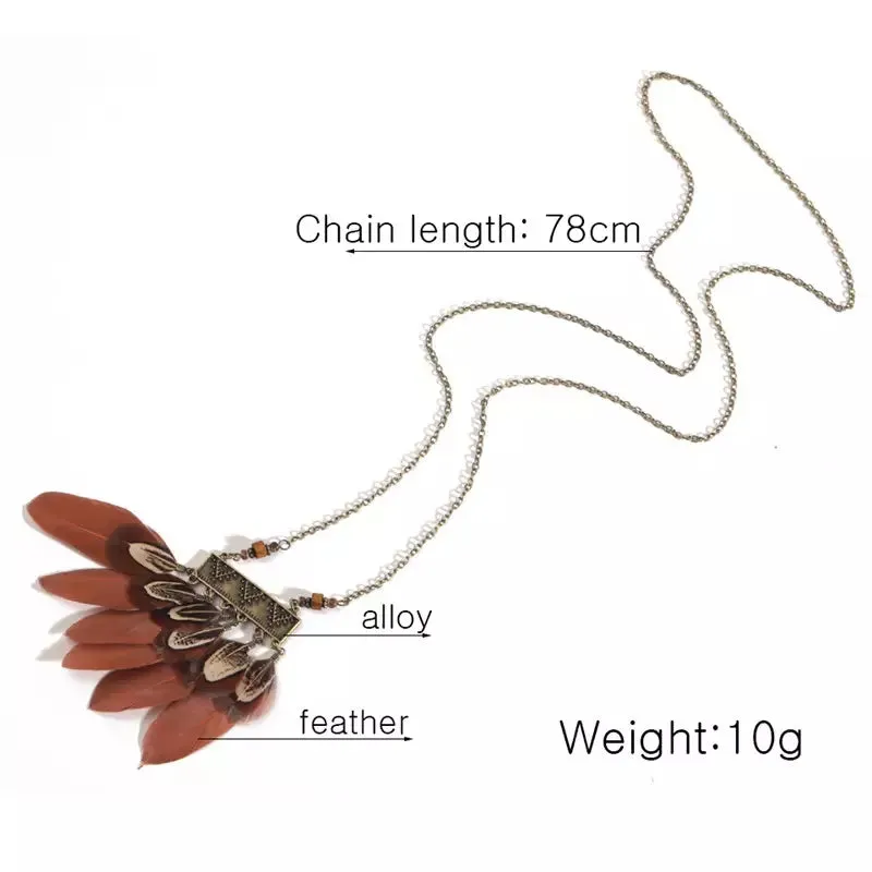 Long Chain Feather Pendant Vintage Necklace