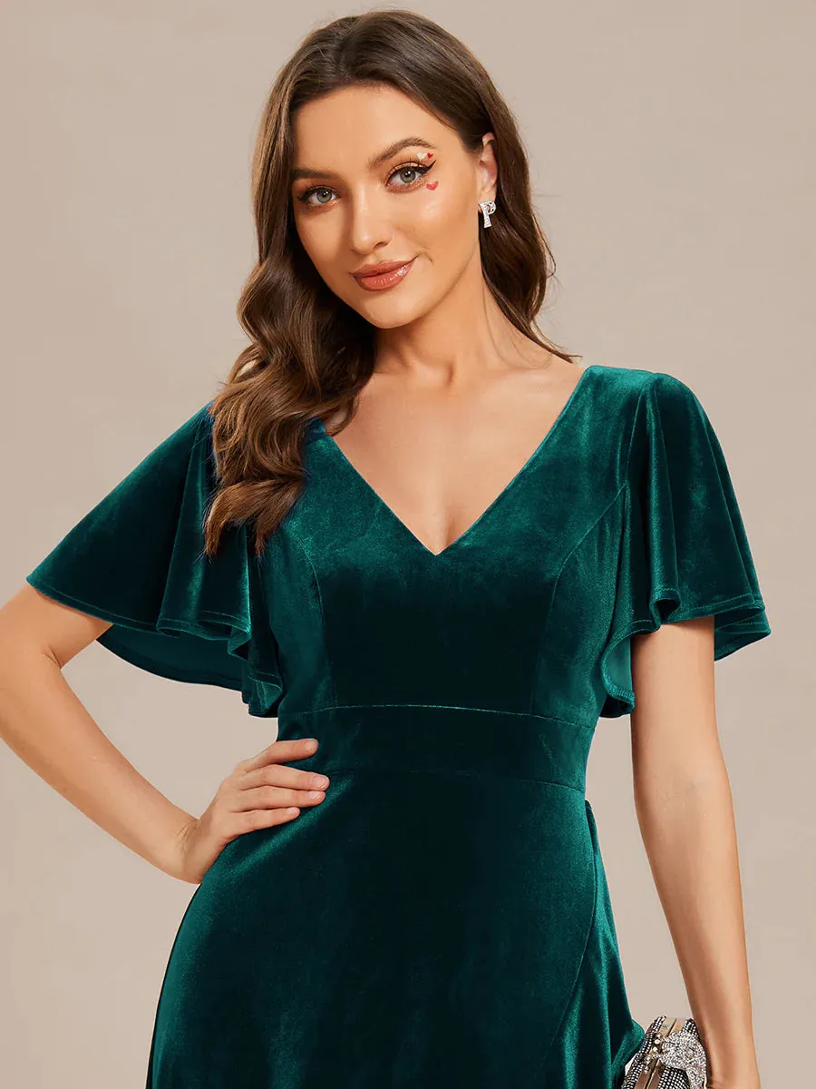 Lotus Leaf Ruffles High-low V Neck Evening Dress with Short Sleeves