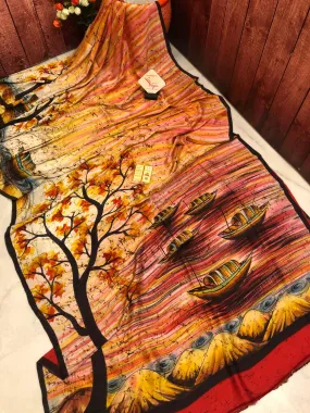 Multicolor Bishnupur Katan Silk Saree with Hand Painting and Wax Batik Work