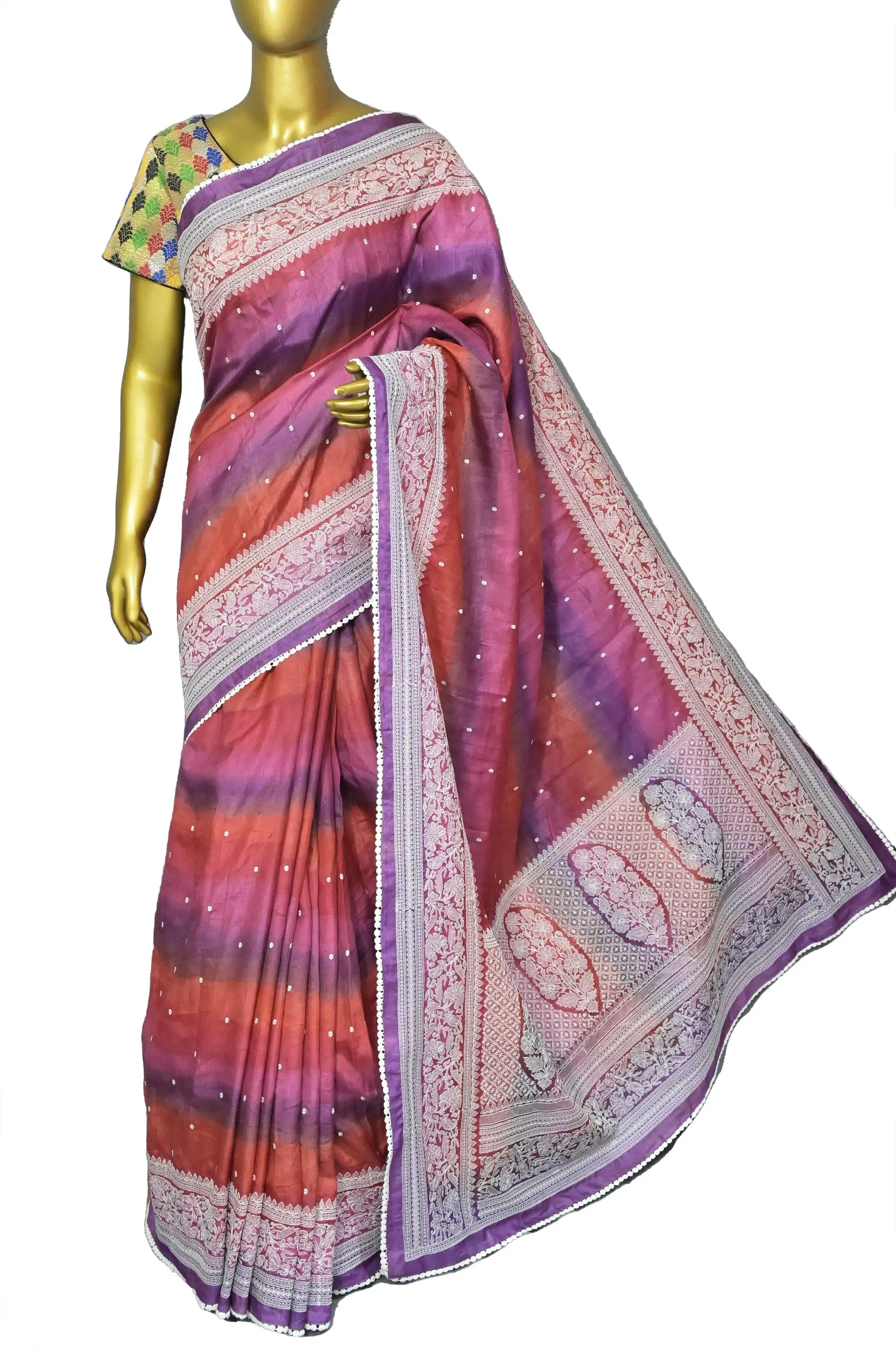 Multicolor Pure Tussar Silk Saree with Chikankari Work with Allover Chikankari Buti and Lace Border