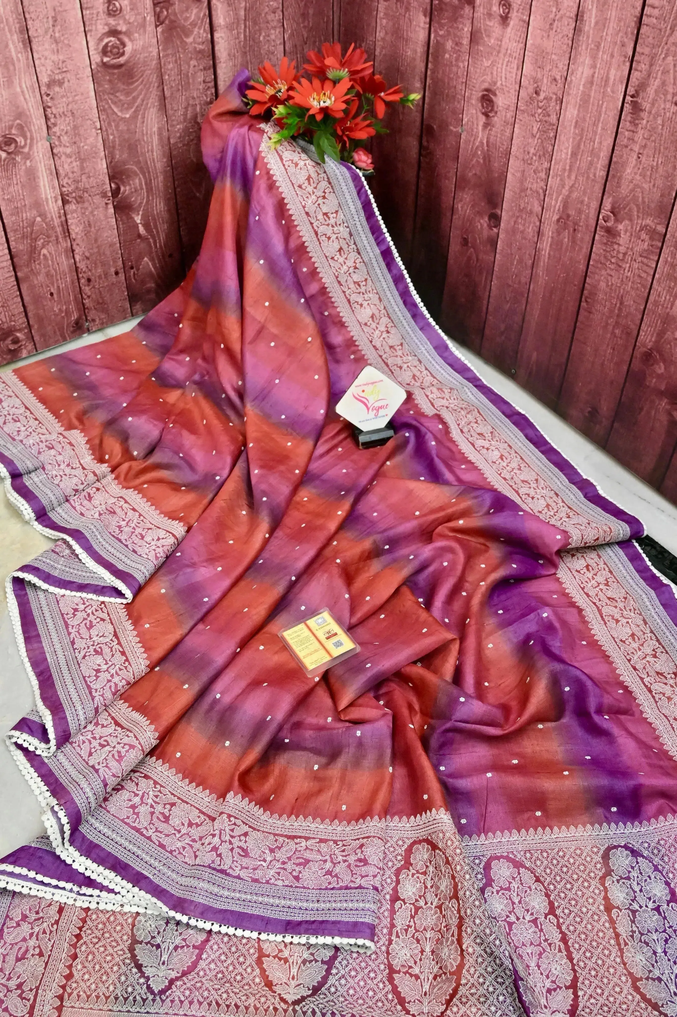 Multicolor Pure Tussar Silk Saree with Chikankari Work with Allover Chikankari Buti and Lace Border