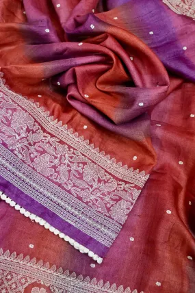 Multicolor Pure Tussar Silk Saree with Chikankari Work with Allover Chikankari Buti and Lace Border