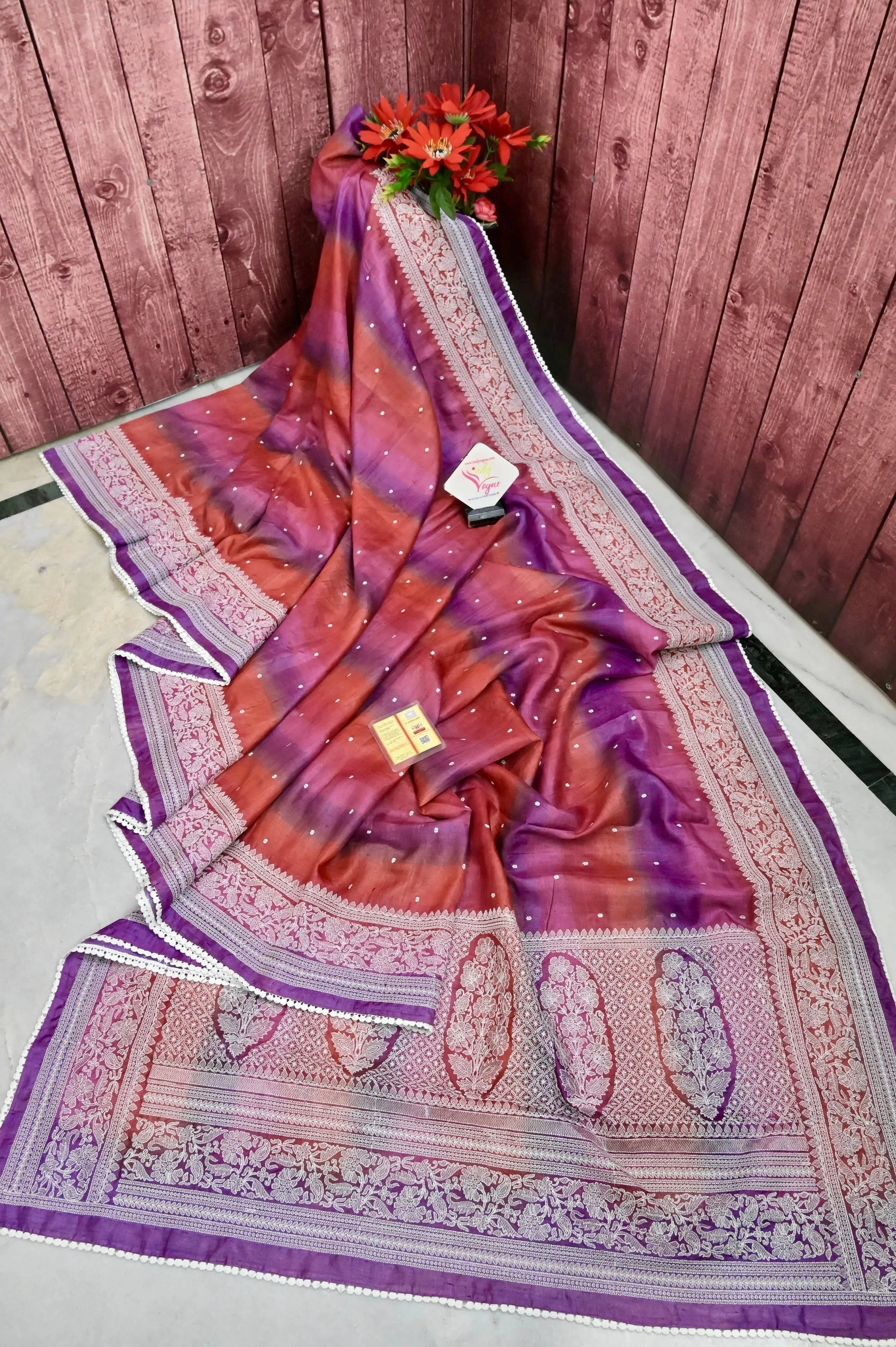 Multicolor Pure Tussar Silk Saree with Chikankari Work with Allover Chikankari Buti and Lace Border