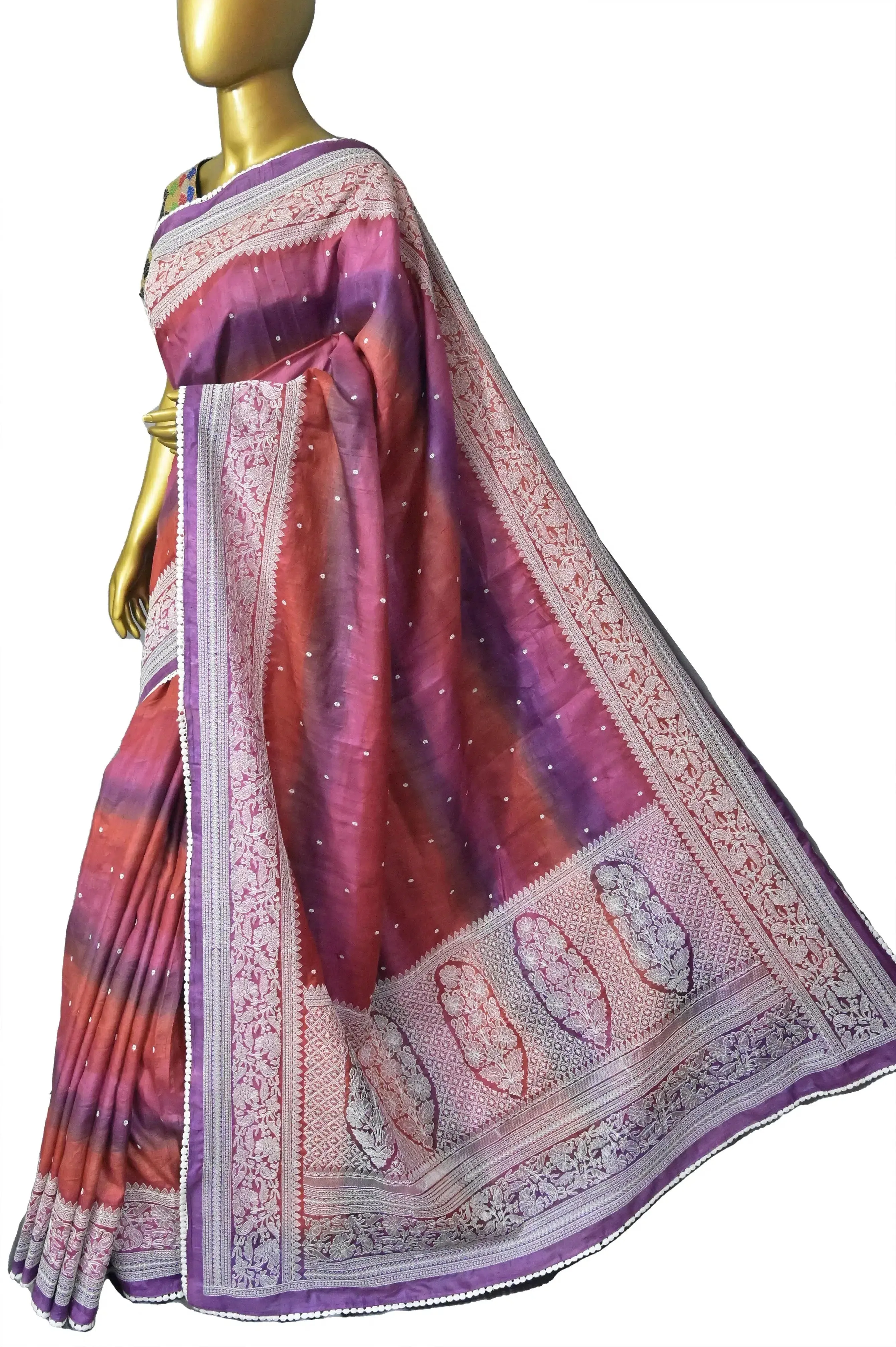 Multicolor Pure Tussar Silk Saree with Chikankari Work with Allover Chikankari Buti and Lace Border