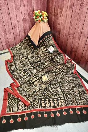 Multicolored Bangalore Silk Saree in Half and Half Style with Batik Work