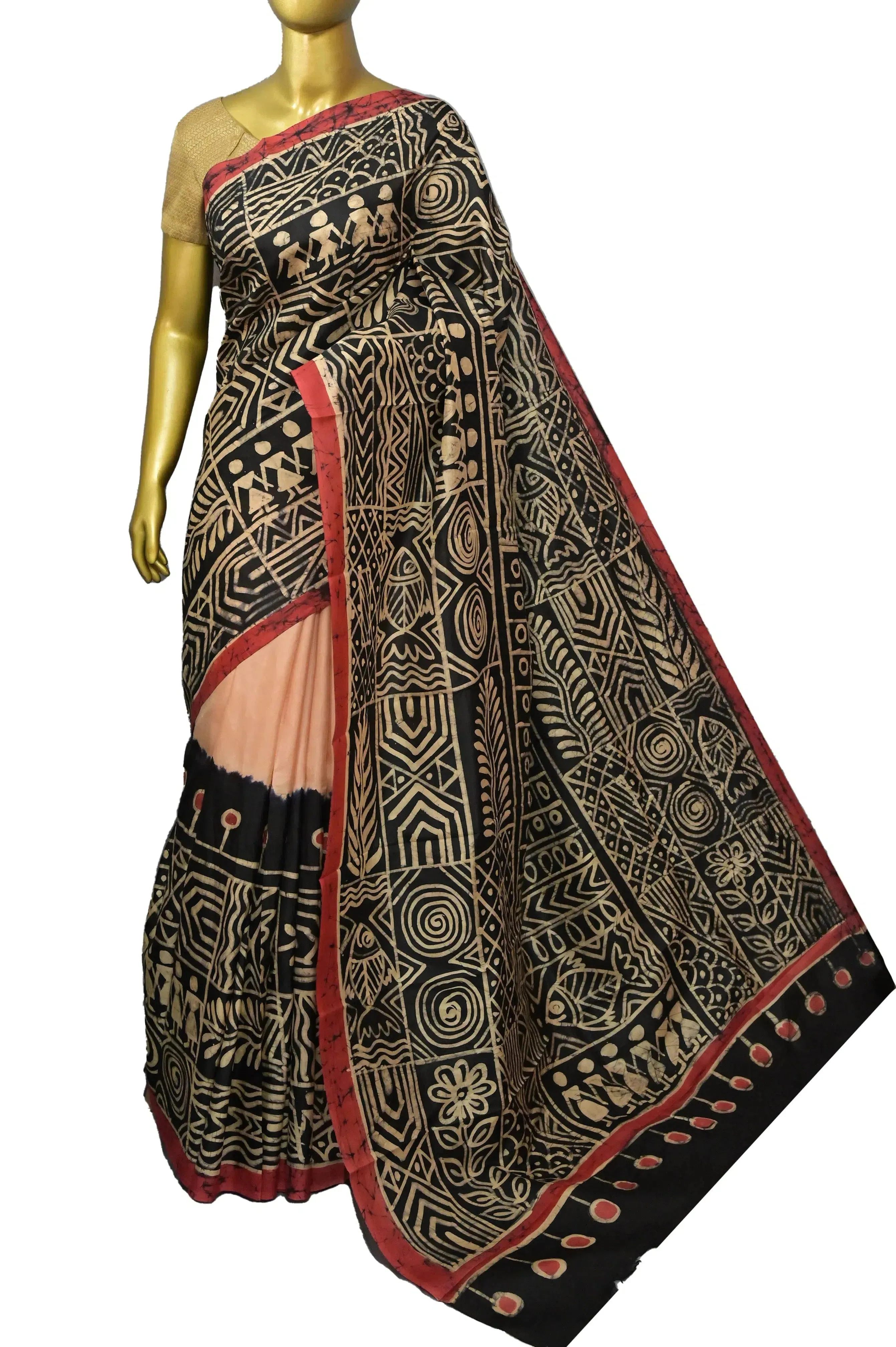 Multicolored Bangalore Silk Saree in Half and Half Style with Batik Work