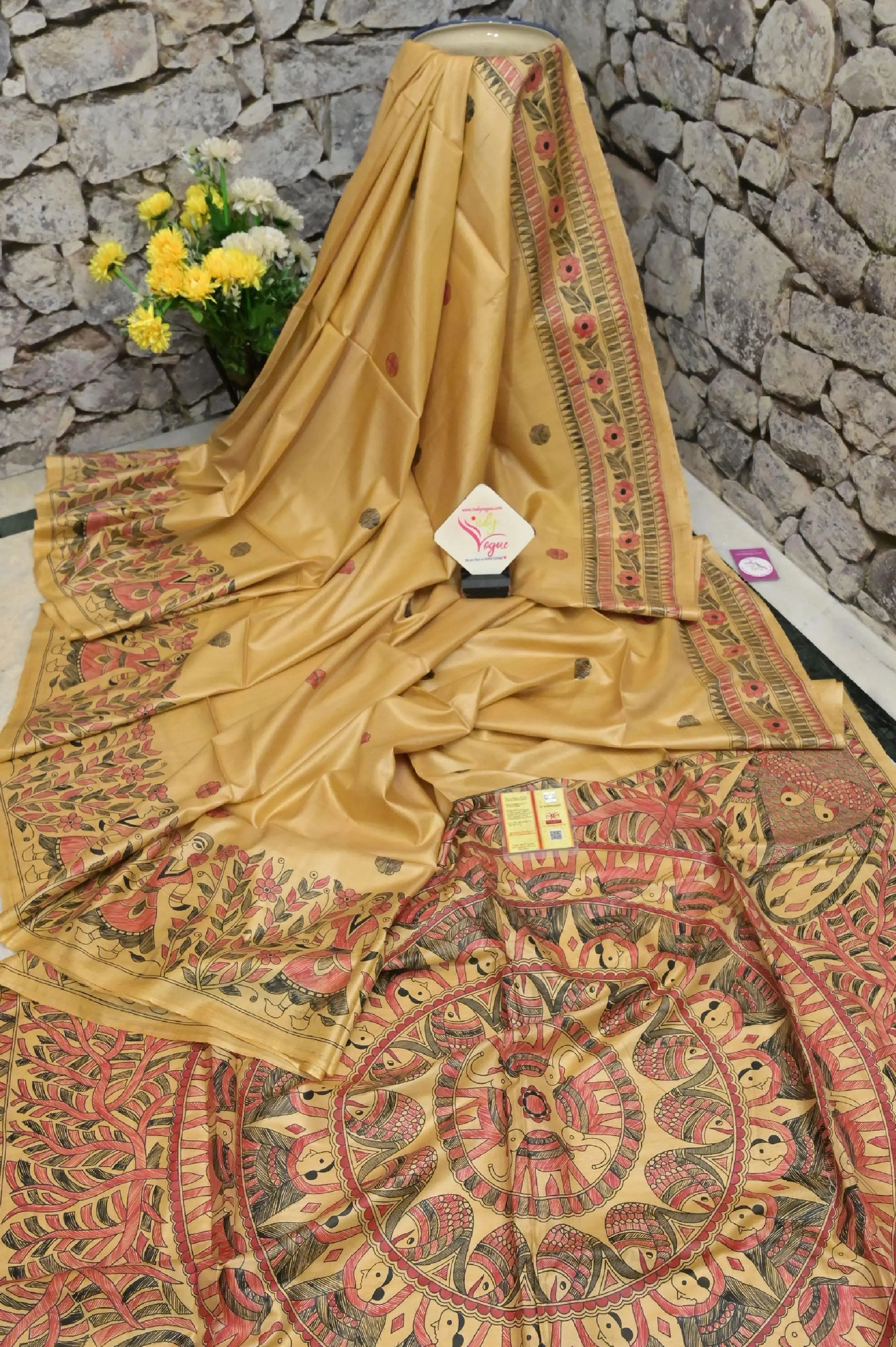 Natural Golden Color Tussar Katan Saree with Hand Painted Madhubani Work