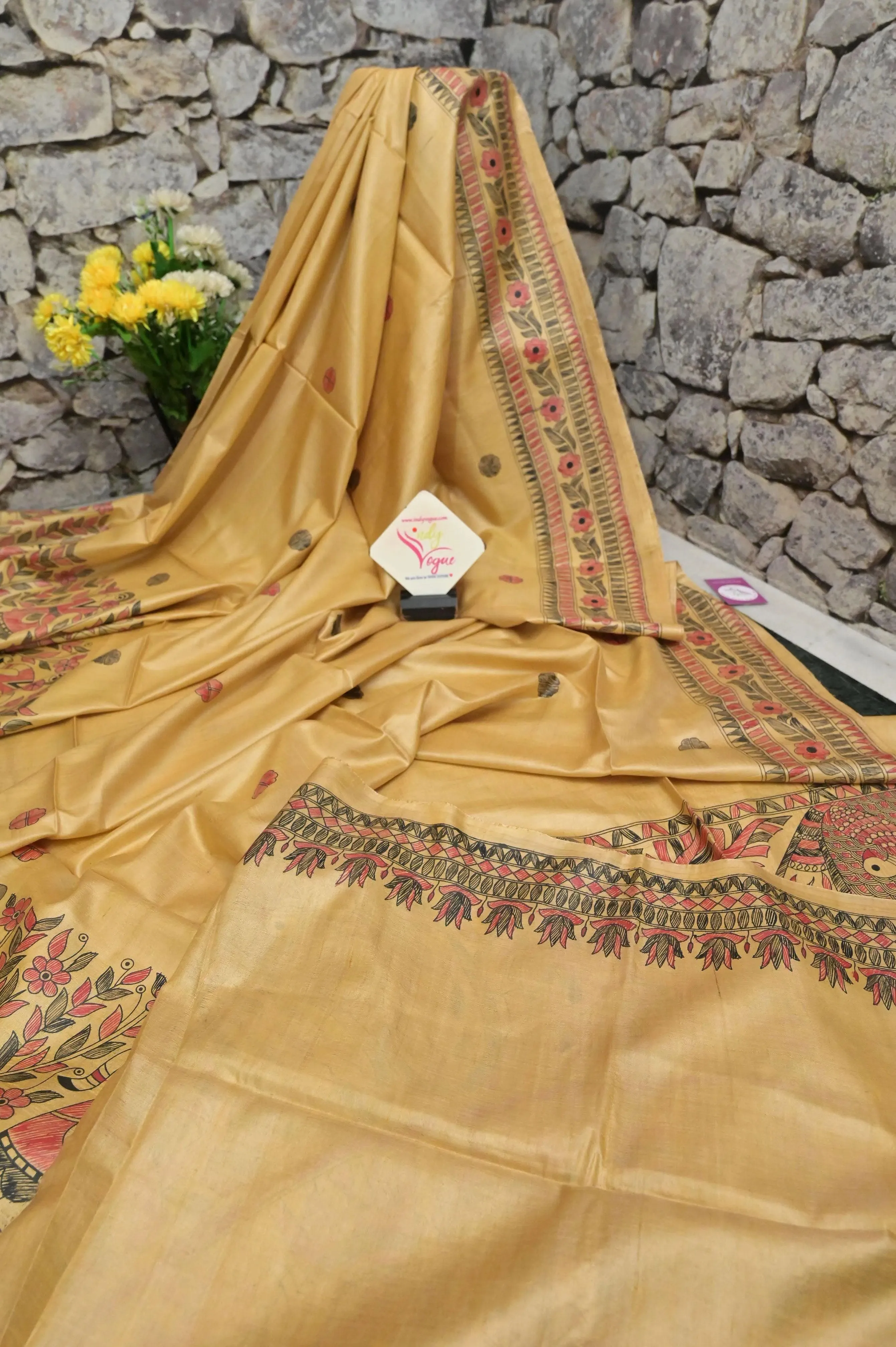 Natural Golden Color Tussar Katan Saree with Hand Painted Madhubani Work