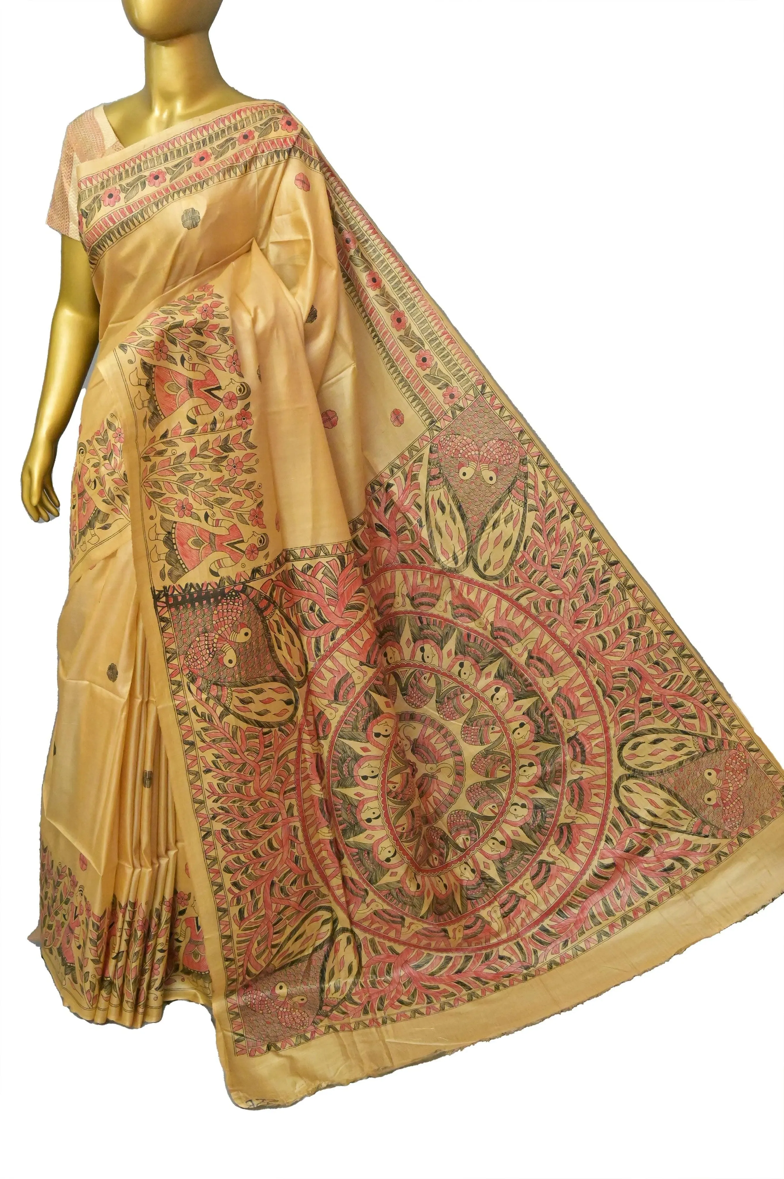 Natural Golden Color Tussar Katan Saree with Hand Painted Madhubani Work