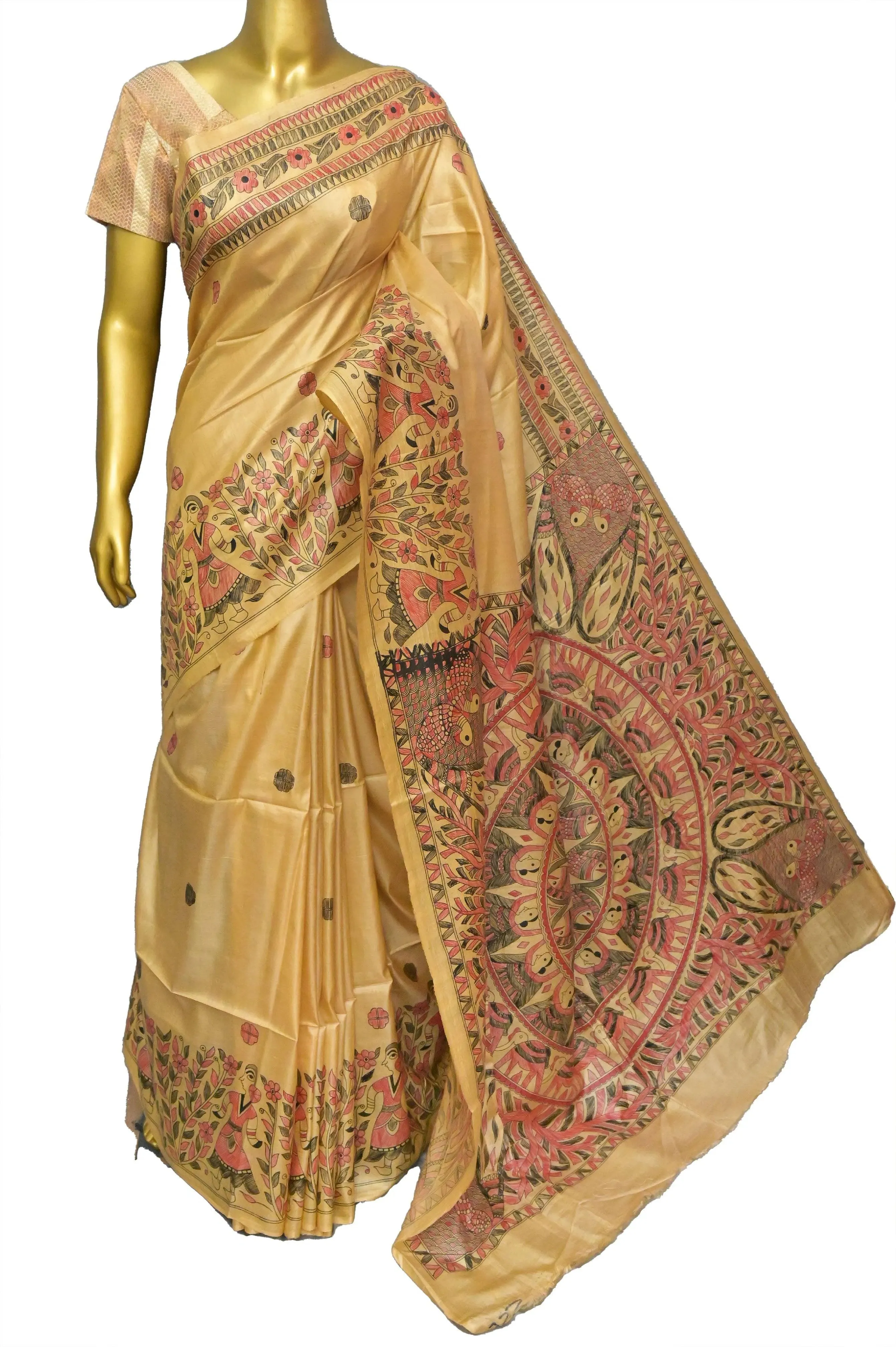 Natural Golden Color Tussar Katan Saree with Hand Painted Madhubani Work