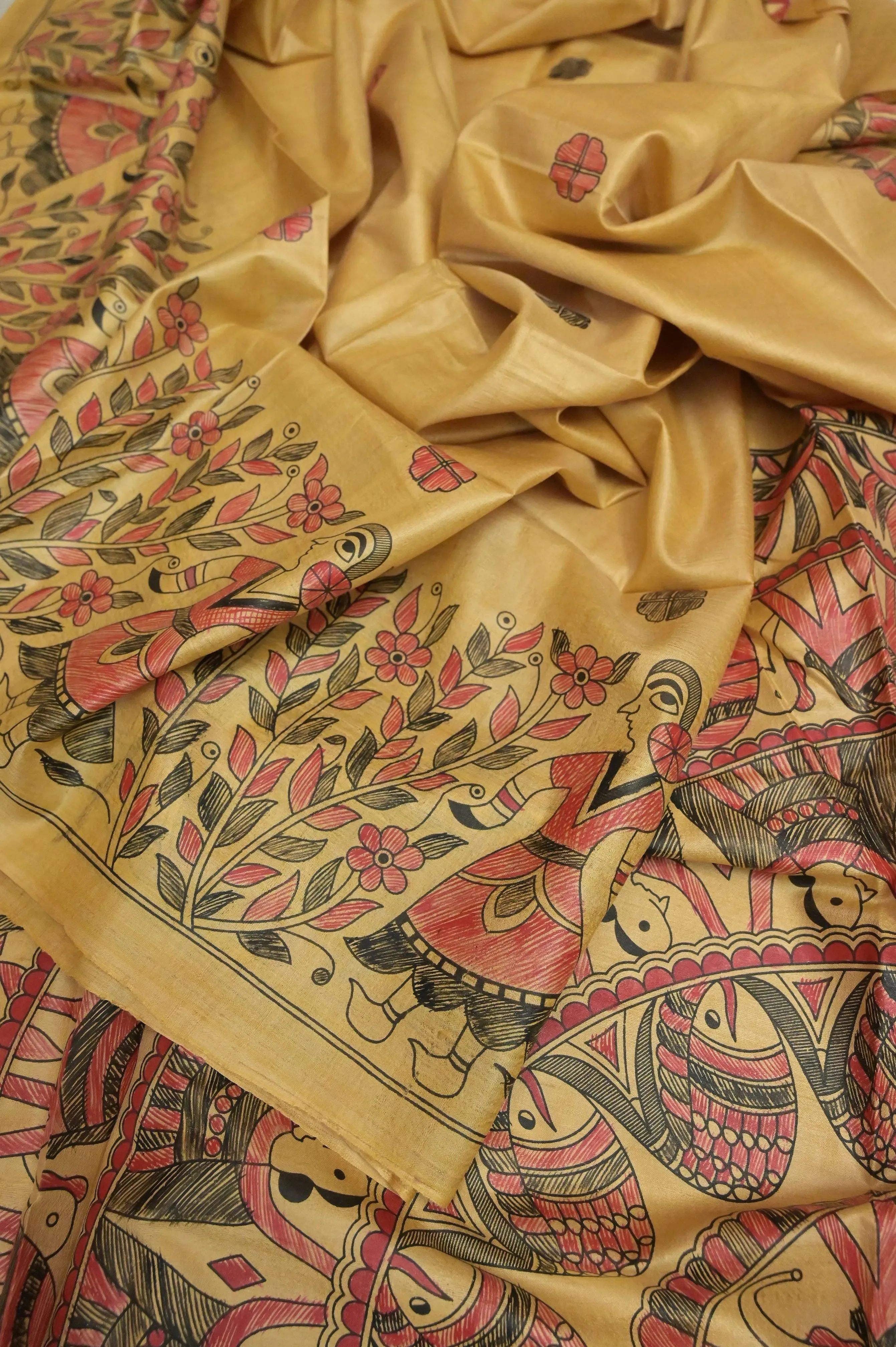 Natural Golden Color Tussar Katan Saree with Hand Painted Madhubani Work