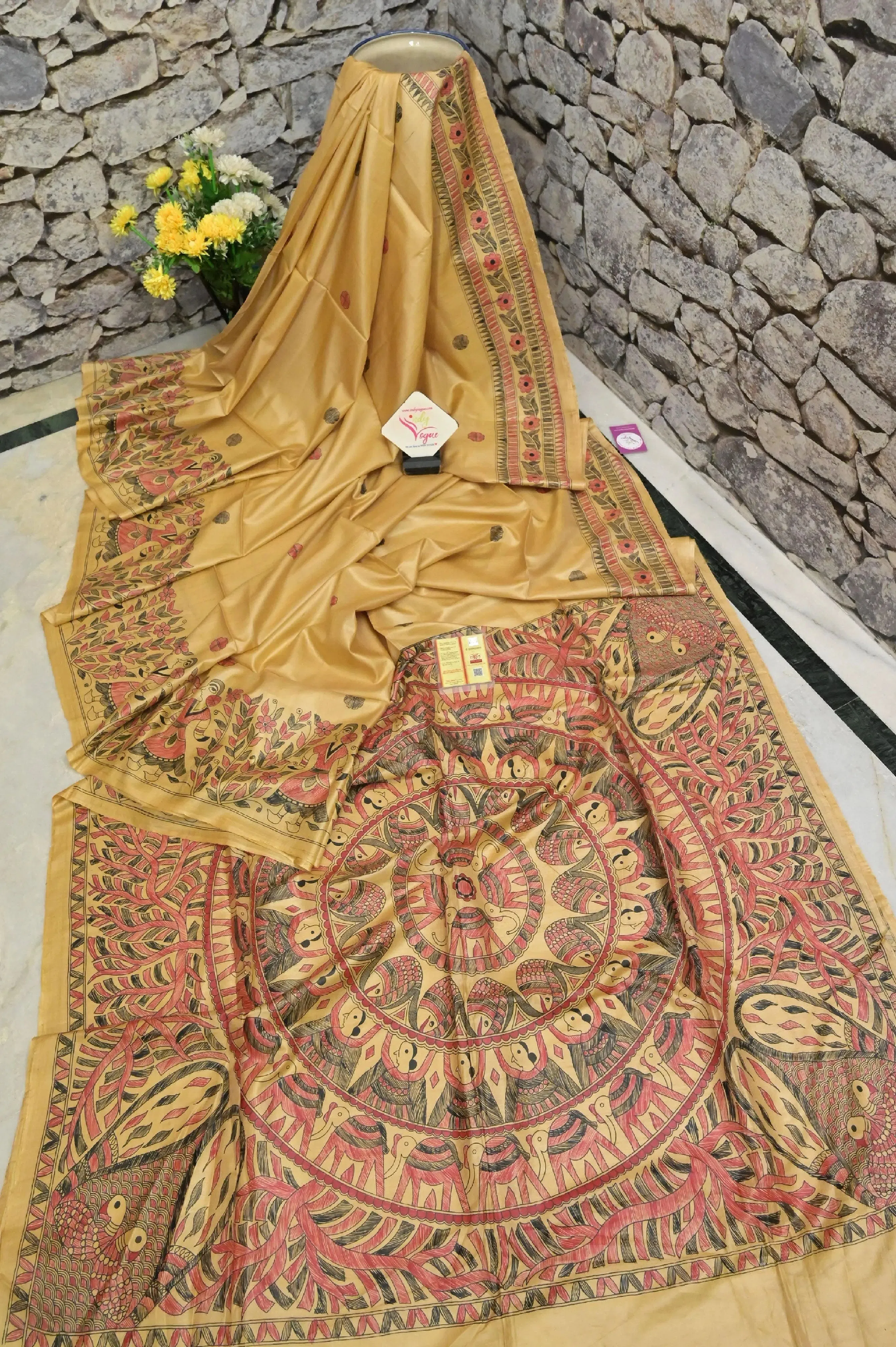 Natural Golden Color Tussar Katan Saree with Hand Painted Madhubani Work