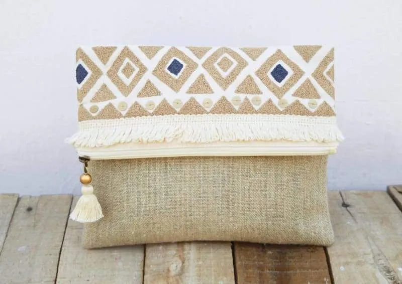 Natural Moroccan Boho Foldover Clutch in Pure Linen