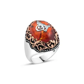 Ottoman Tughra on Ellipse Red Domic Synthetic Amber Stone Silver Men’s Ring with Wavy Top Pattern