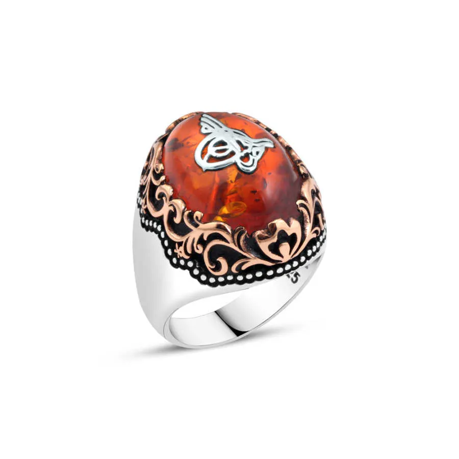 Ottoman Tughra on Ellipse Red Domic Synthetic Amber Stone Silver Men’s Ring with Wavy Top Pattern