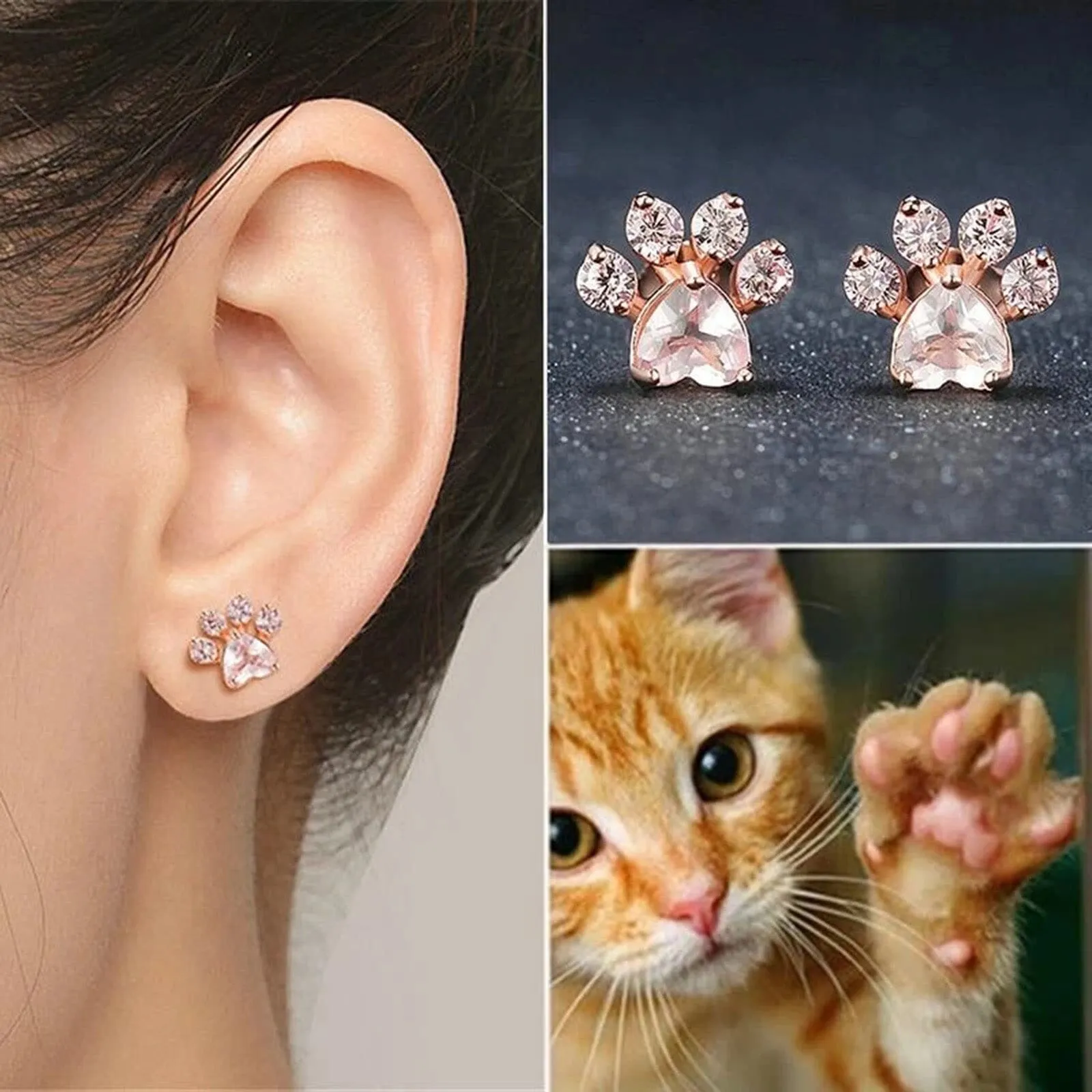 Paw Pink Rose Quartz Stud Earrings - 925 sterling